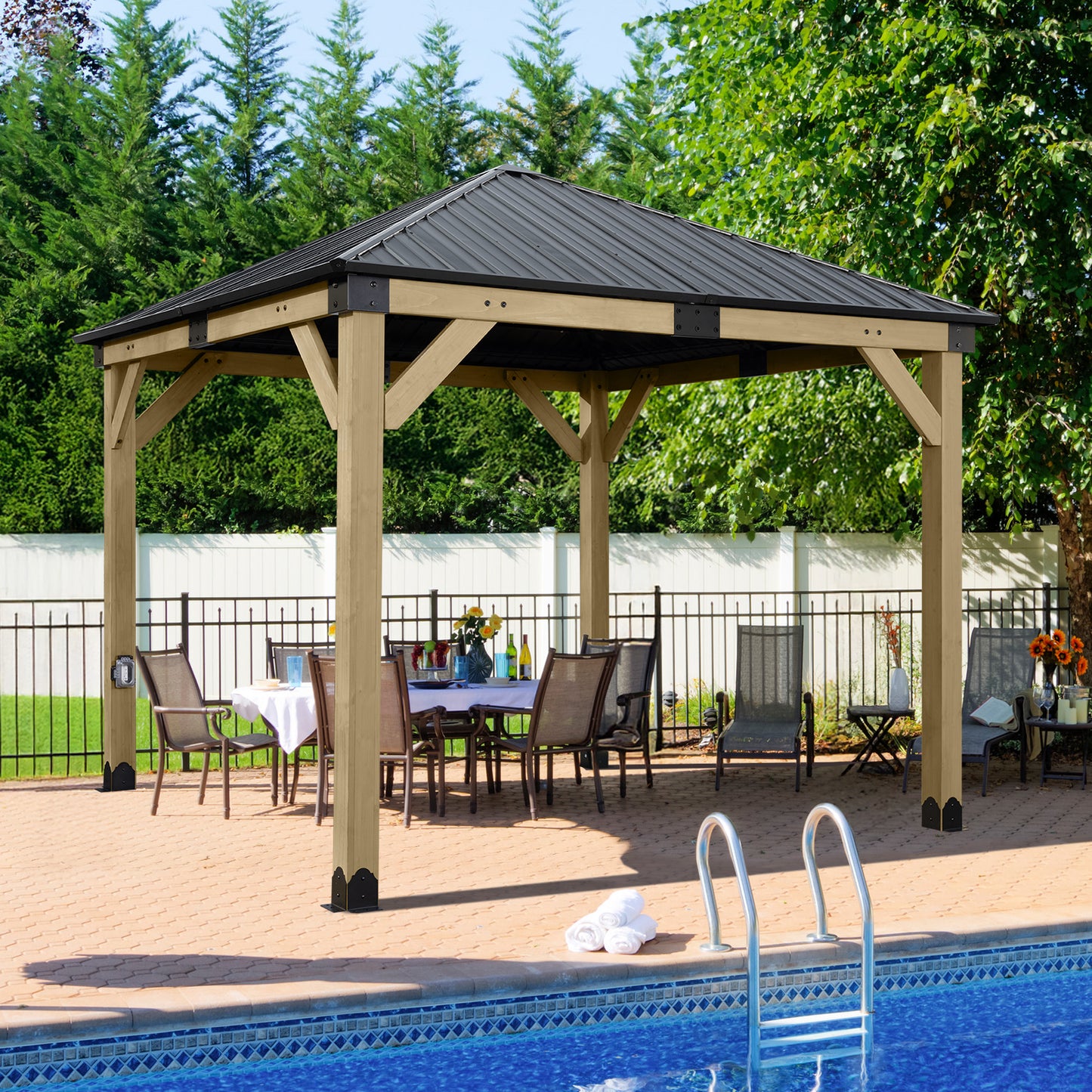 10'x10' Outdoor Patio Wooden Frame Gazebo with Galvanized Metal Hardtop Roof and Outlets
