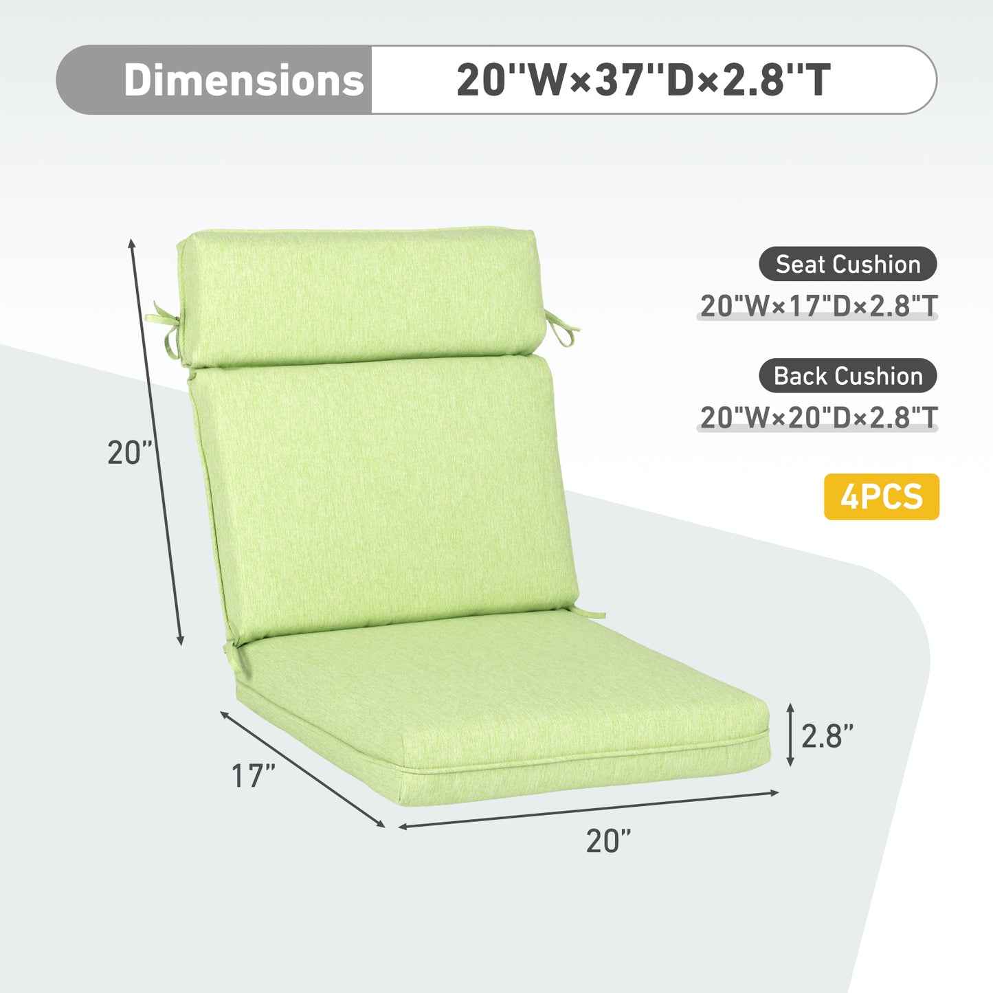 Outdoor High Back Dining Chair Cushion Set, Polyester Fabric, TPU Water Repellent Coating, Green