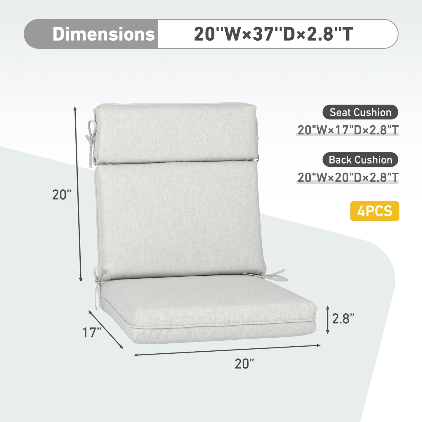 Outdoor High Back Dining Chair Cushion Set, Polyester Fabric, TPU Water Repellent Coating, Light Gray
