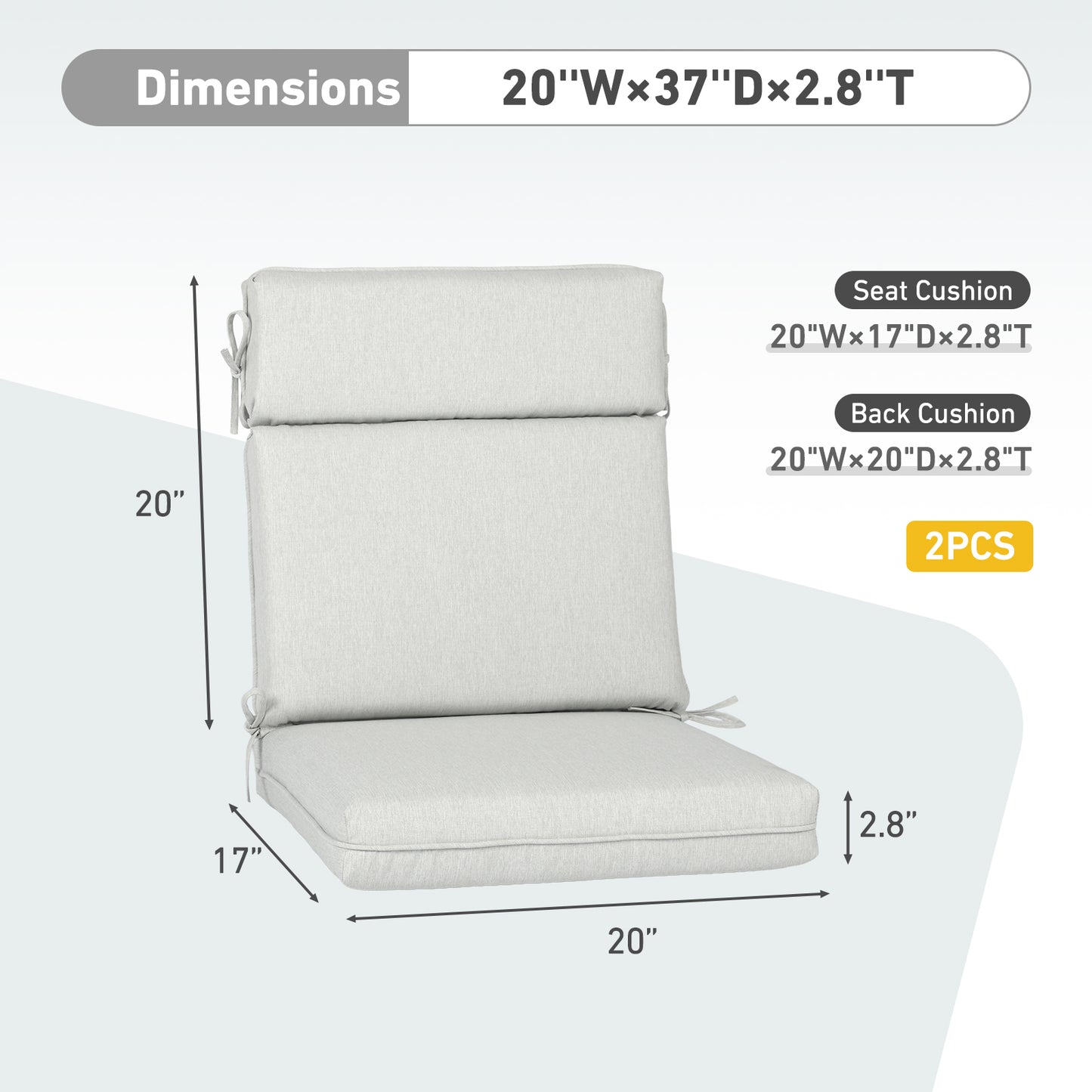 Outdoor High Back Dining Chair Cushion Set, Polyester Fabric, TPU Water Repellent Coating, Light Gray
