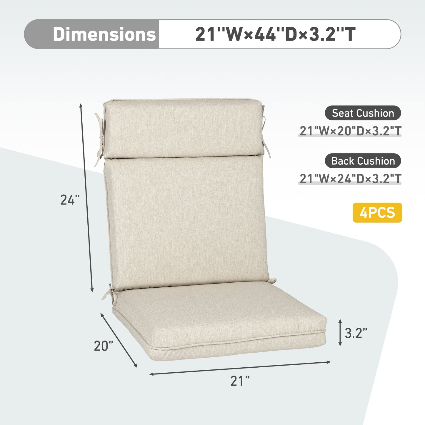 Outdoor High Back Dining Chair Cushion Set, Polyester Fabric, TPU Water Repellent Coating, Light Taupe