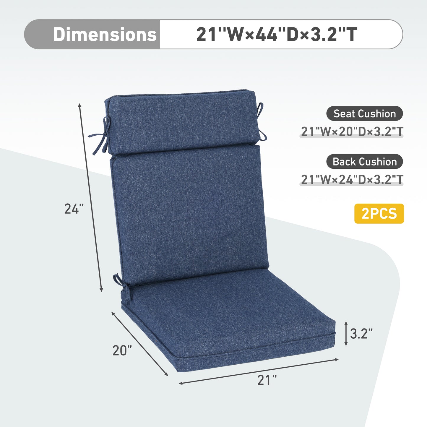 Outdoor High Back Dining Chair Cushion Set, Polyester Fabric, TPU Water Repellent Coating, Navy Blue