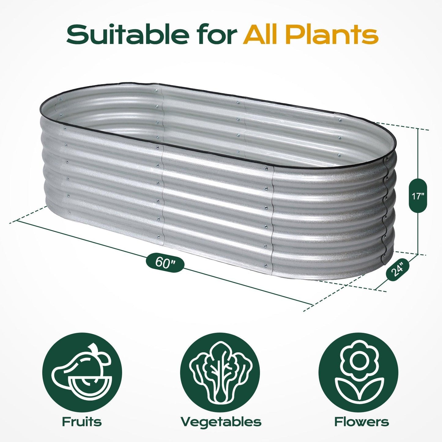 4-In-1 Oval Modular Aluzinc Raised Garden Bed (60x24x17 inch) - Aoodor