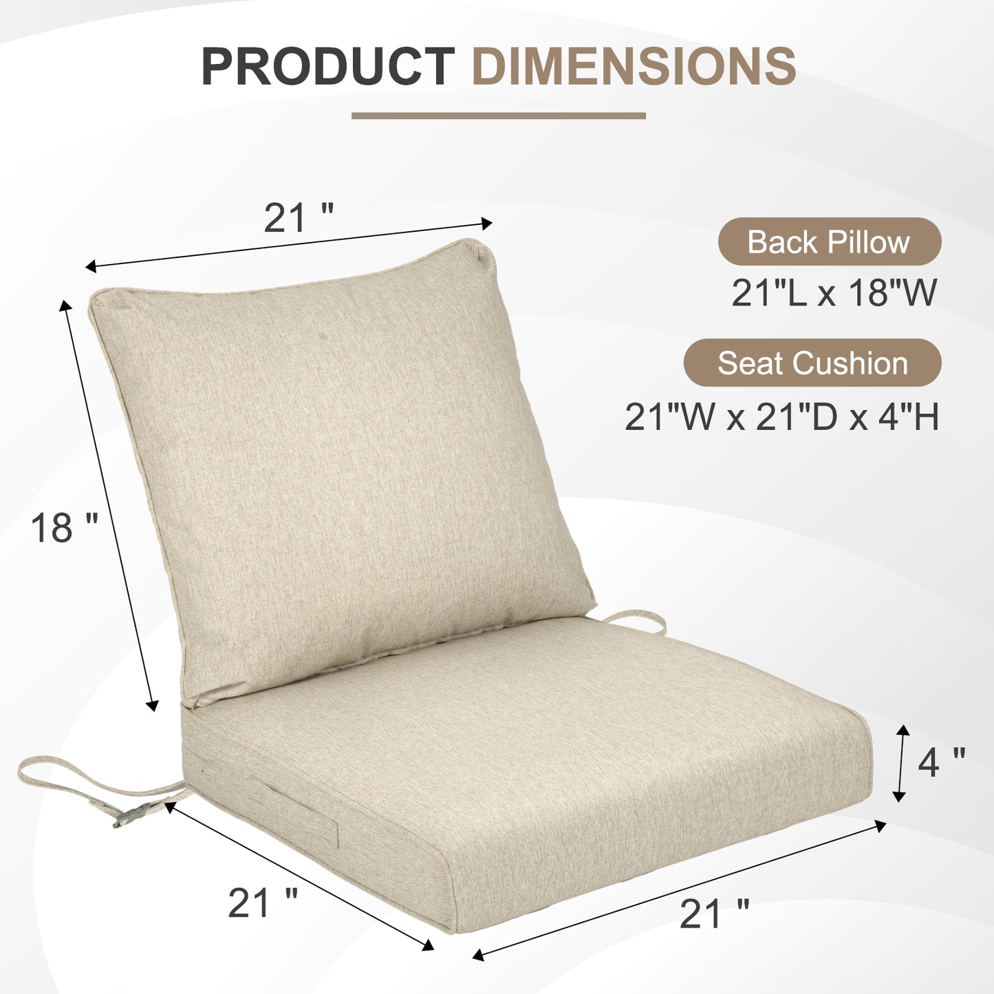 Waterproof Outdoor Deep Seat Cushion Set with Adjustable Straps & Removable Cover - Brown