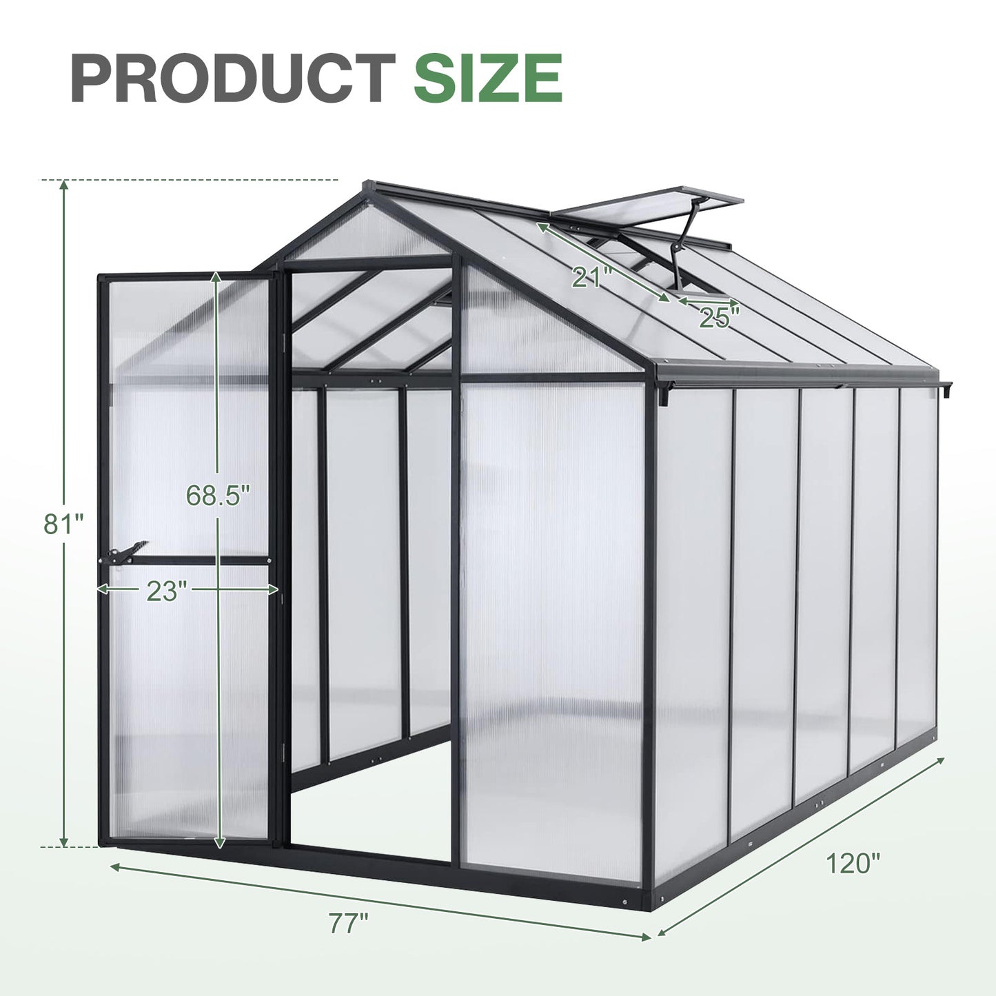 6x8/6x10 ft. Walk-in Polycarbonate Greenhouse with Roof Vent and Door lock