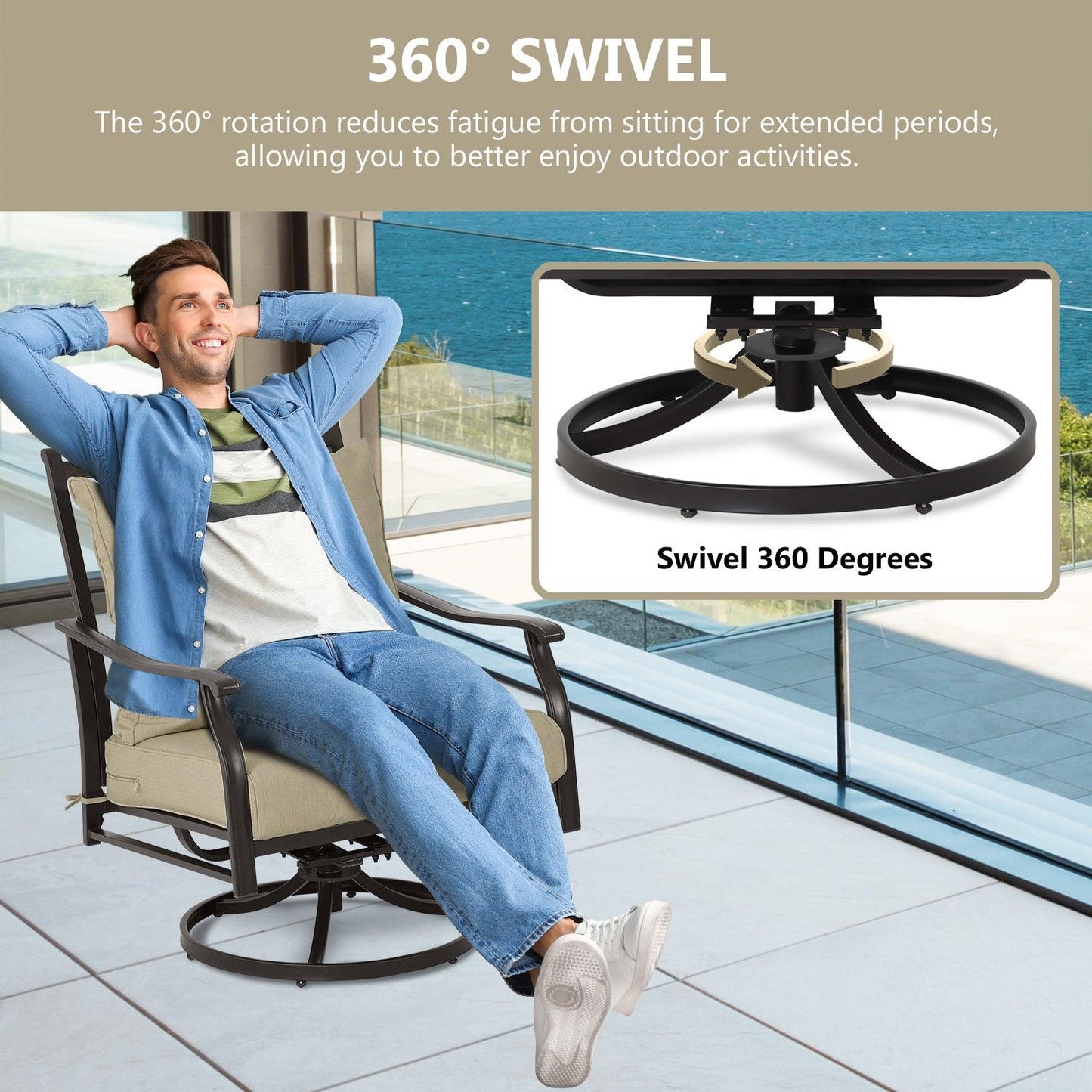 Outdoor Swivel Chair Set - Two Chairs, One Glass Table, and Two Thick Cushions - Aoodor