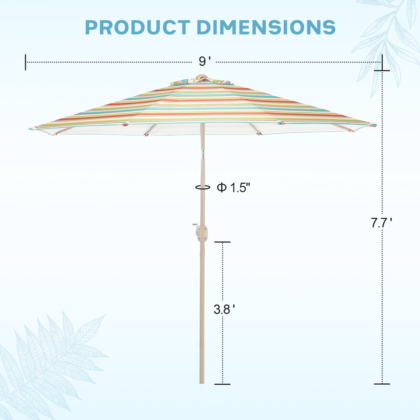 9 ft. Outdoor Patio Market Umbrella with 8 Sturdy Ribs, Push Button Tilt and Crank