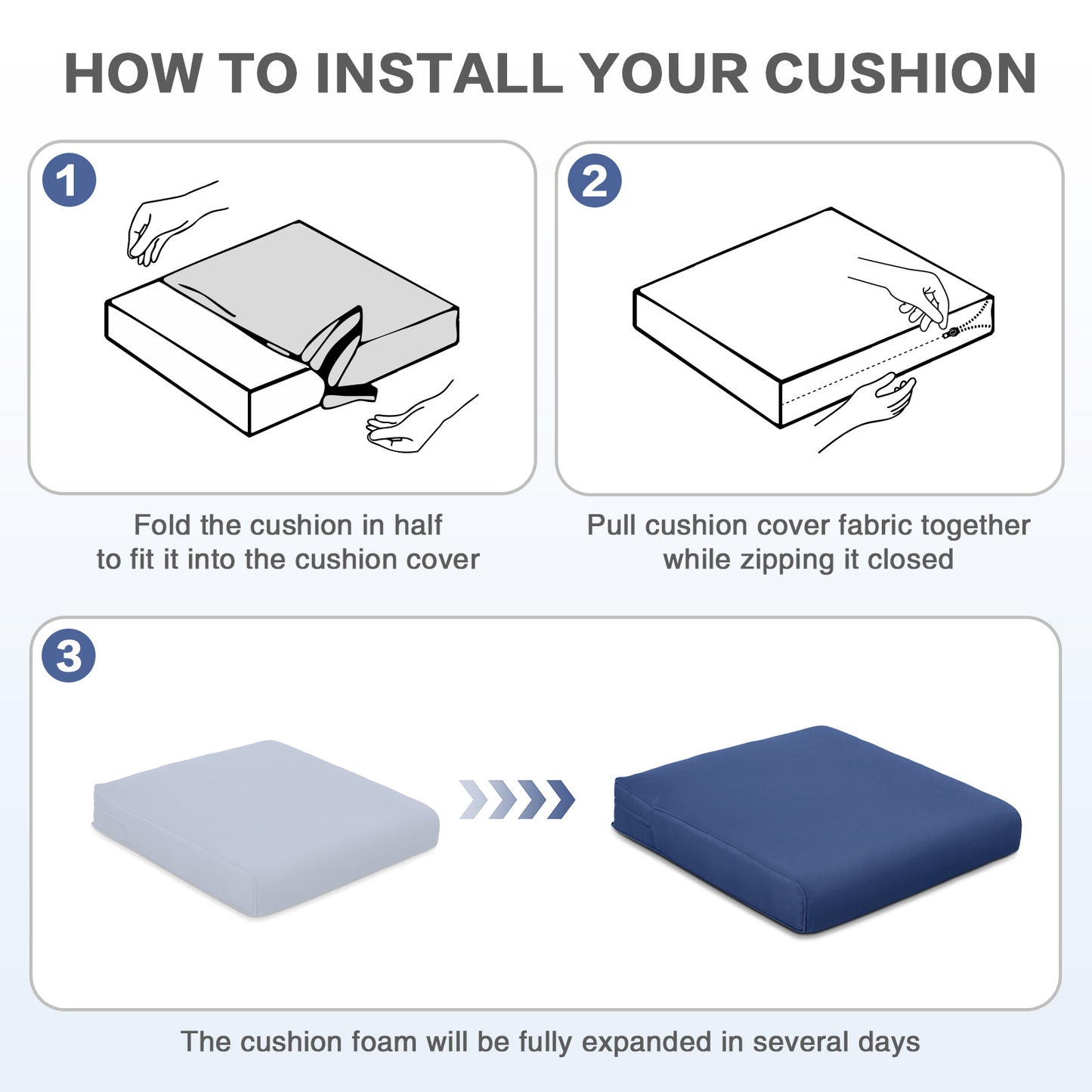 Outdoor Chair Cushion , Removable Cover with Hidden Zipper, Adaptable Secure Ties - Navy Blue