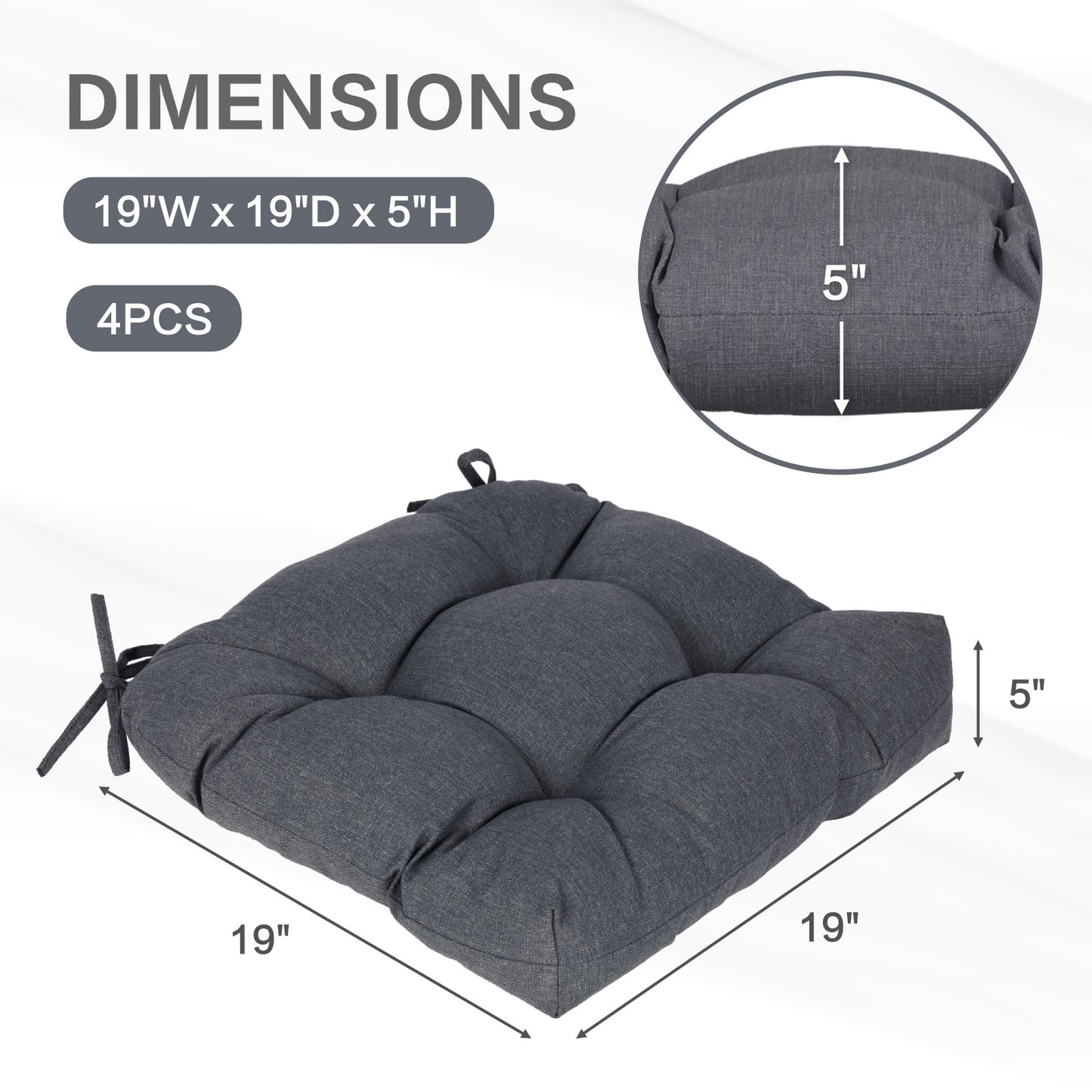 19x19x5 Inch Tufted Outdoor Chair Cushions, Water and Fade Resistant Polyester Dining Chair Pads with Ties - Dark Gray