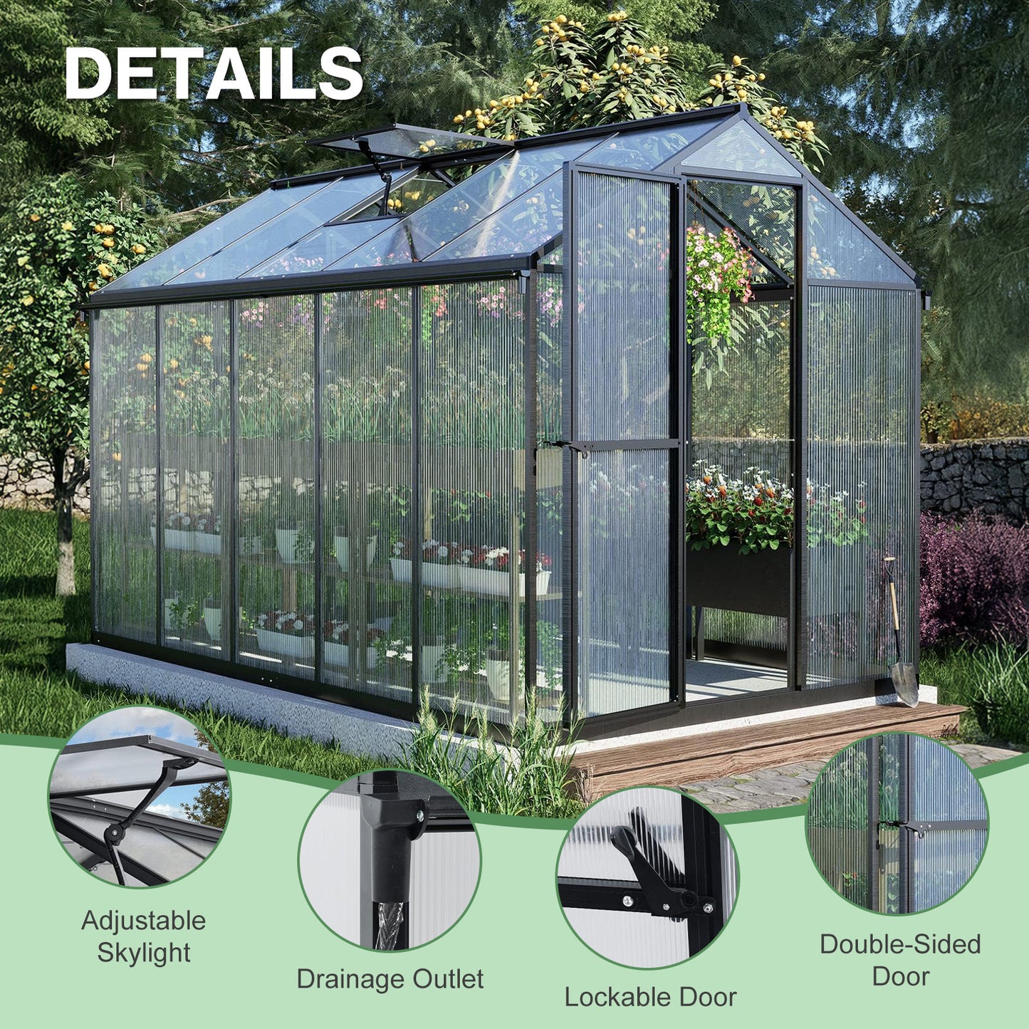 6x8/6x10 ft. Walk-in Polycarbonate Greenhouse with Roof Vent and Door lock