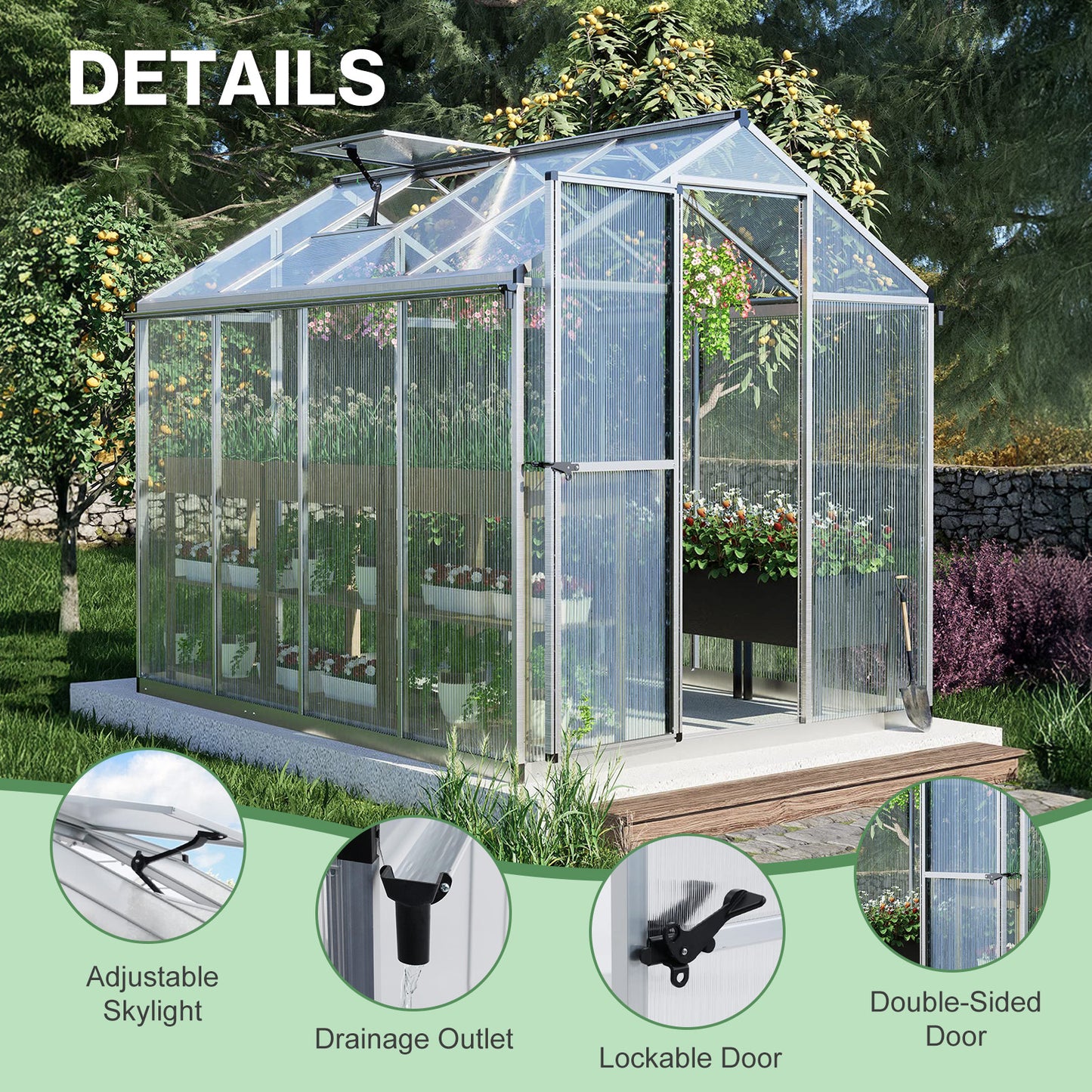 6x8/6x10 ft. Walk-in Polycarbonate Greenhouse with Roof Vent and Door lock