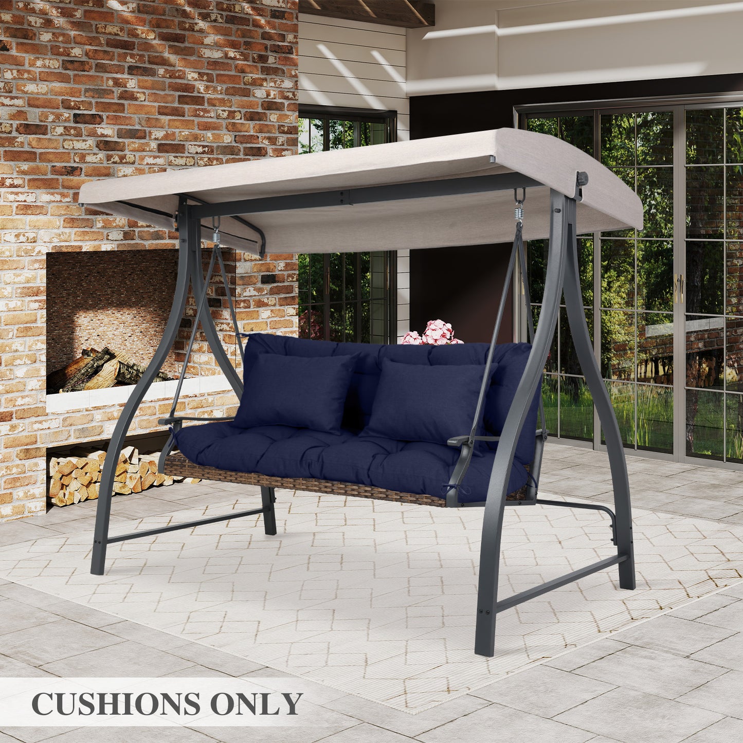 59" Tufted Porch Swing Cushions, Extra 5.1" Thick Outdoor Swing Bench Replacement Cushion with Backrest and 2 Pillows - Dark Blue - Aoodor