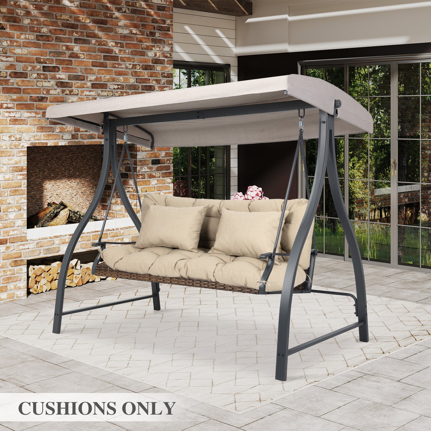 59" Tufted Porch Swing Cushions, Extra 5.1" Thick Outdoor Swing Bench Replacement Cushion with Backrest and 2 Pillows - Khaki - Aoodor