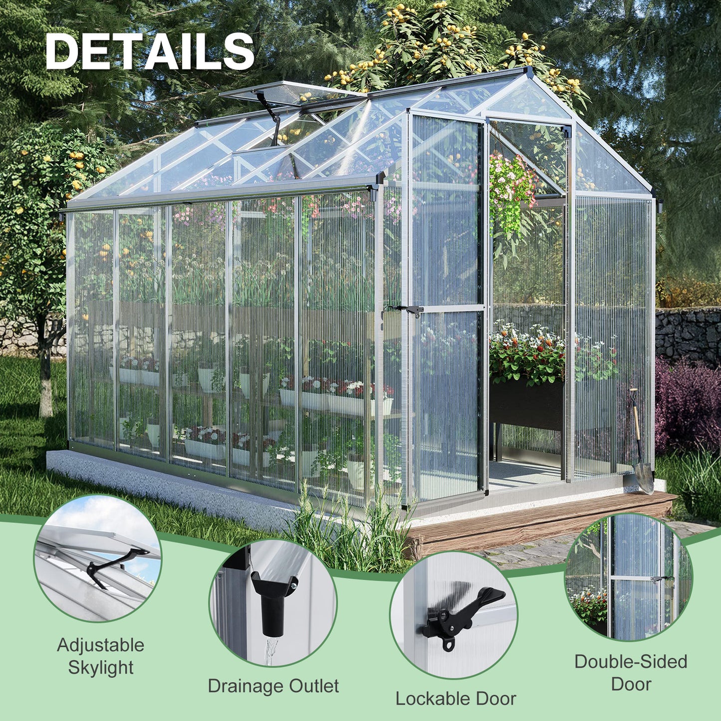 6x8/6x10 ft. Walk-in Polycarbonate Greenhouse with Roof Vent and Door lock