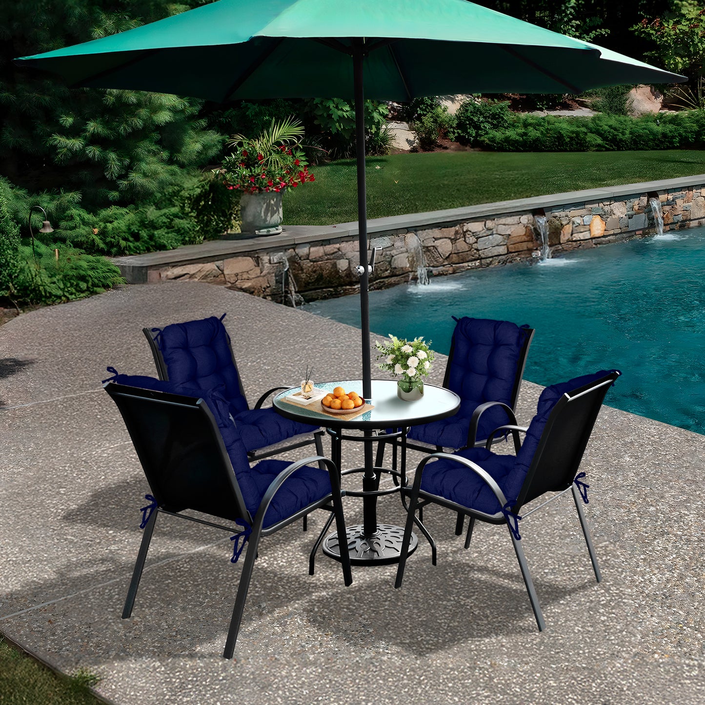 Tufted Outdoor High Back Chair Cushions Patio Replacement Cushion, Dark Blue