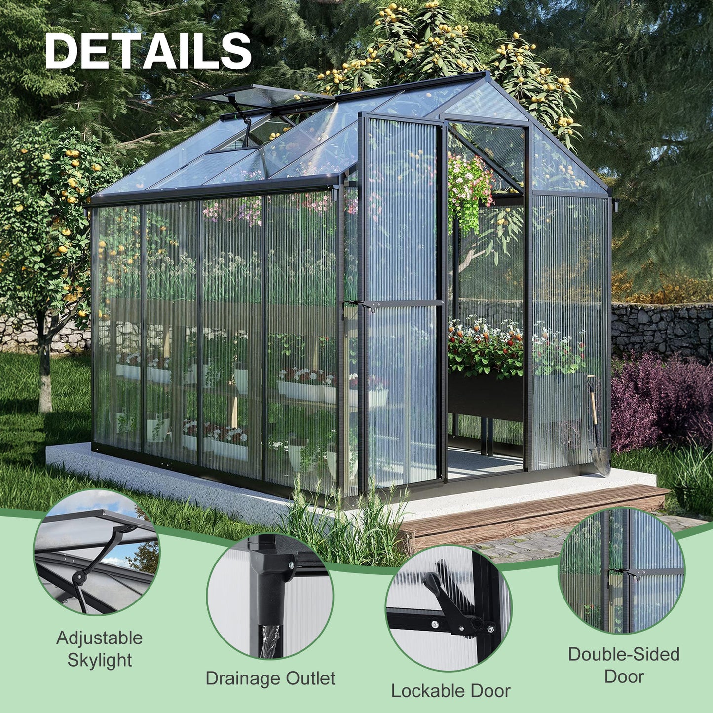 6x8/6x10 ft. Walk-in Polycarbonate Greenhouse with Roof Vent and Door lock