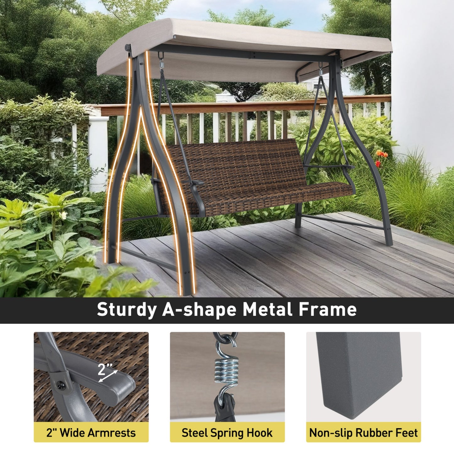 3-Seat Outdoor Rattan Patio Swing with Adjustable Canopy