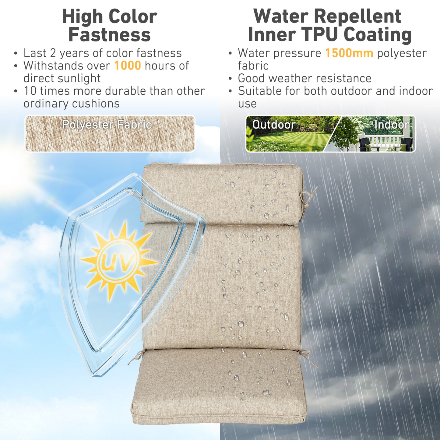 Outdoor High Back Dining Chair Cushion Set, Polyester Fabric, TPU Water Repellent Coating, Brown