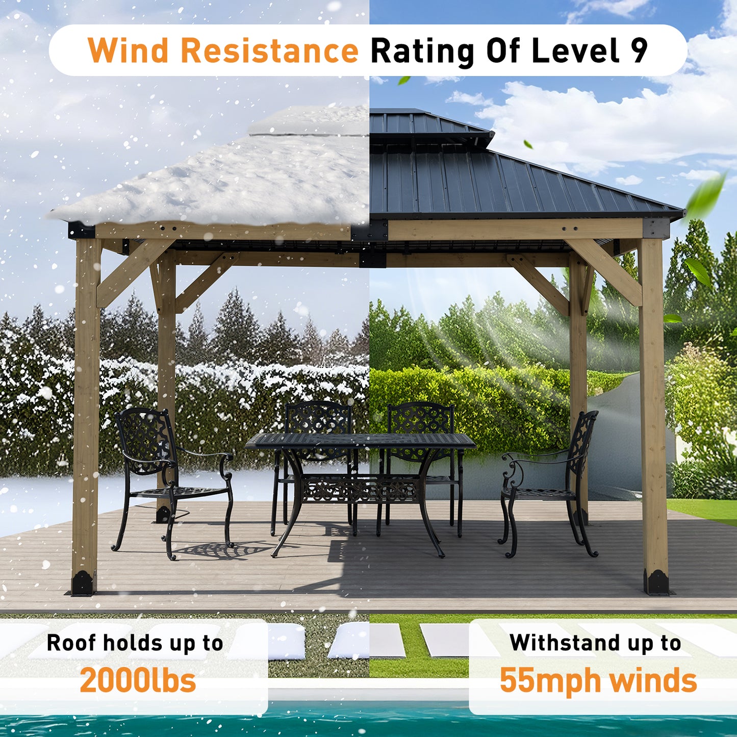 10'x12' Outdoor Patio Wooden Frame Gazebo with 2-Tier Galvanized Metal Hardtop Roof and Outlets