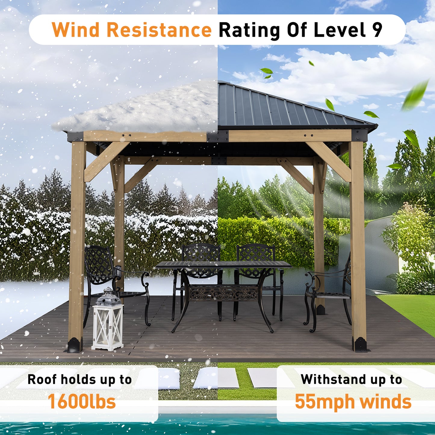 10'x10' Outdoor Patio Wooden Frame Gazebo with Galvanized Metal Hardtop Roof and Outlets