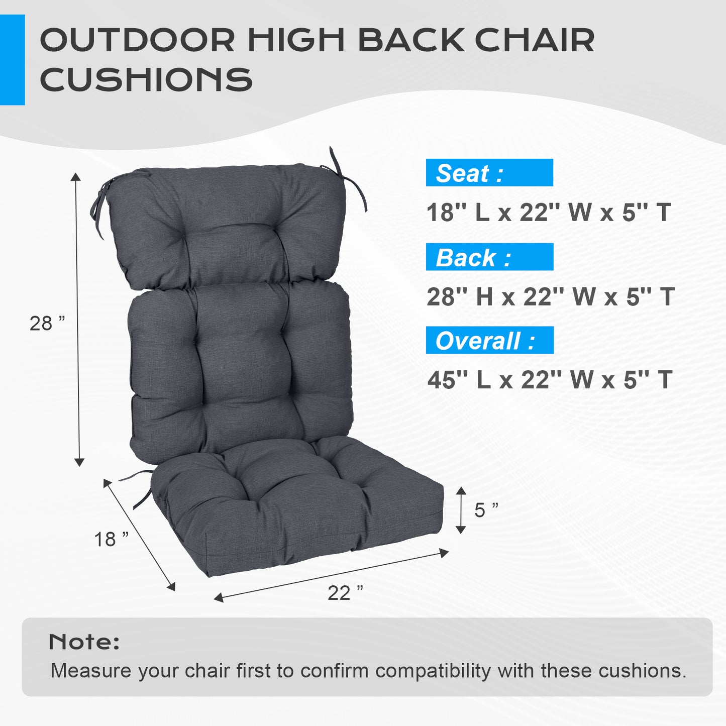 Tufted Outdoor High Back Chair Cushions Patio Rocking Pads for Furniture, Dark Gray