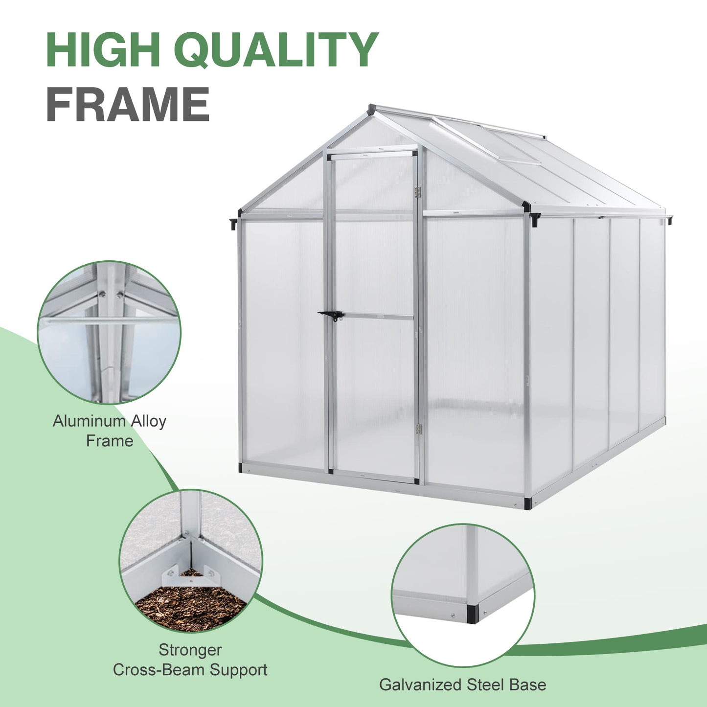 6x8/6x10 ft. Walk-in Polycarbonate Greenhouse with Roof Vent and Door lock