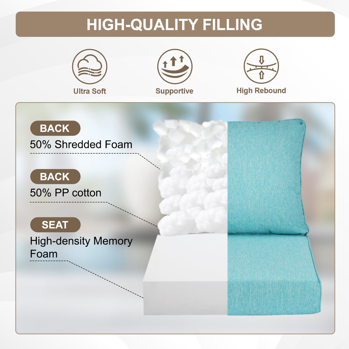 Waterproof Outdoor Deep Seat Cushion Set with Adjustable Straps & Removable Cover - Aruba Blue