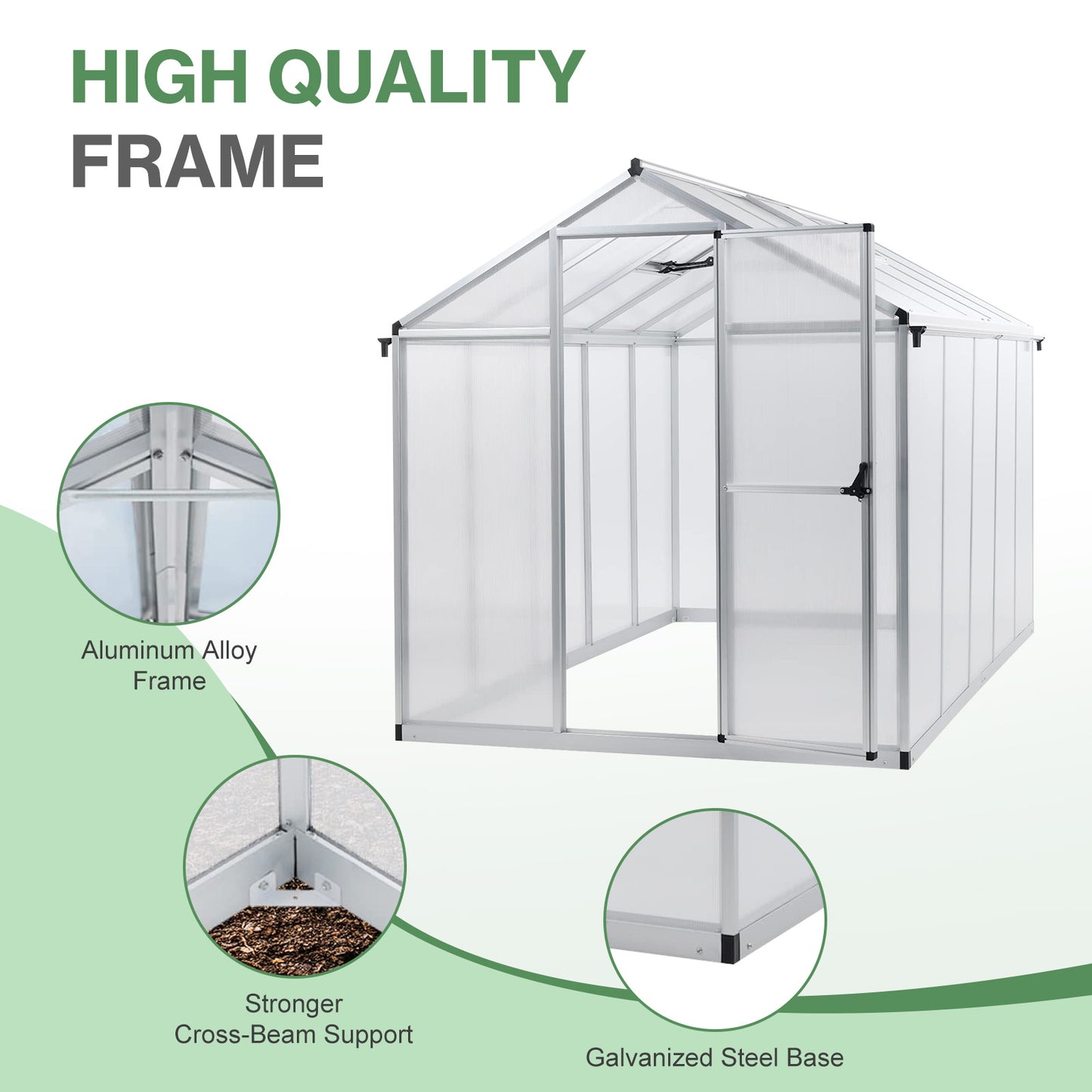 6x8/6x10 ft. Walk-in Polycarbonate Greenhouse with Roof Vent and Door lock