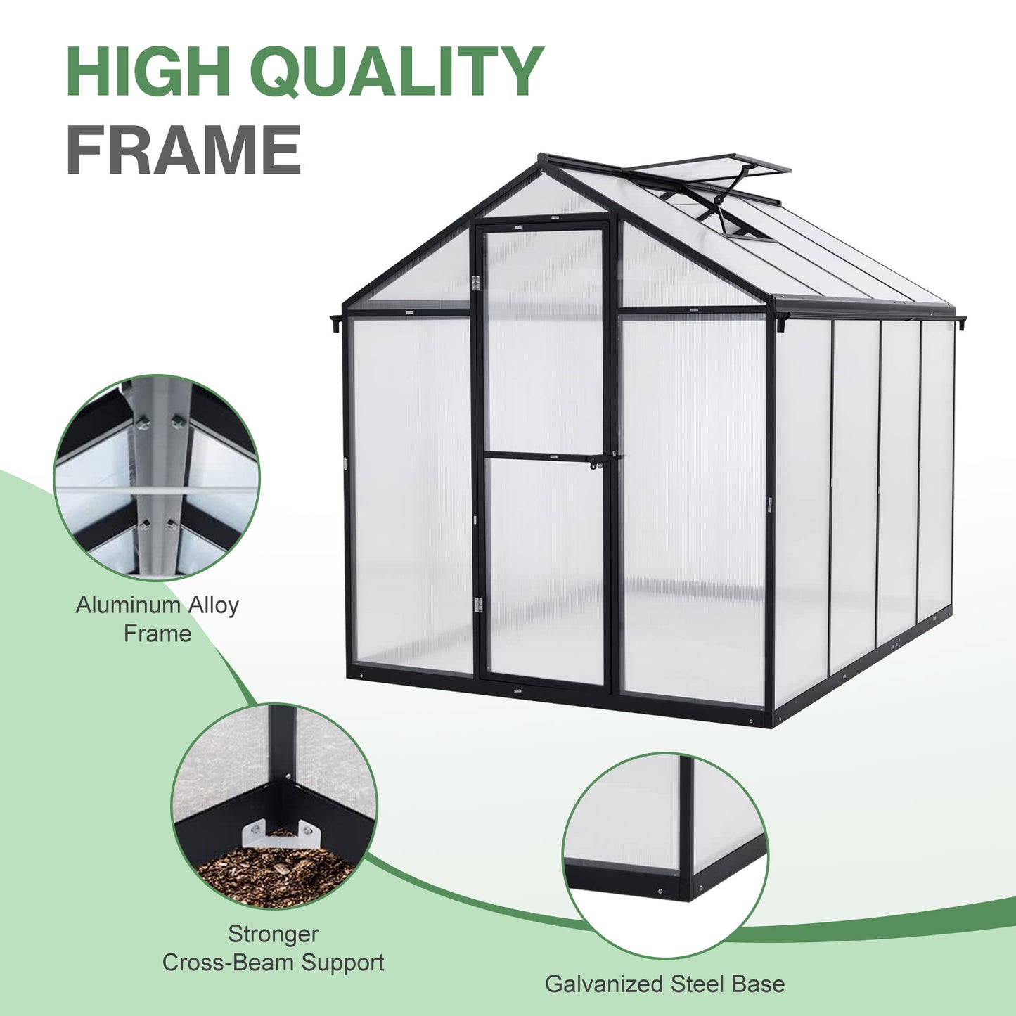 6x8/6x10 ft. Walk-in Polycarbonate Greenhouse with Roof Vent and Door lock