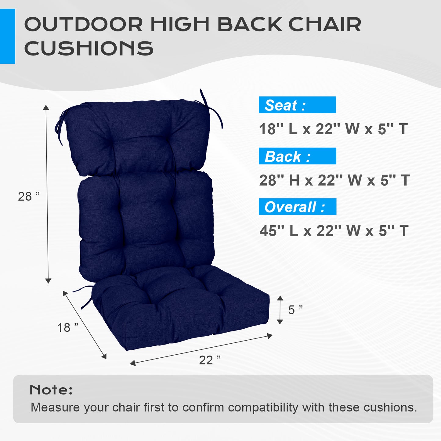 Tufted Outdoor High Back Chair Cushions Patio Rocking Pads for Furniture, Dark Blue