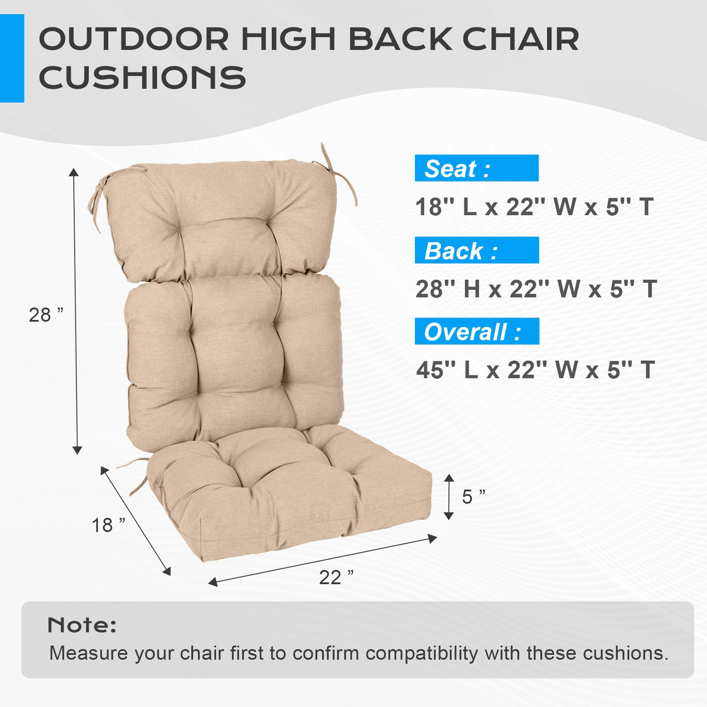 Tufted Outdoor High Back Chair Cushions Patio Rocking Pads for Furniture, Khaki