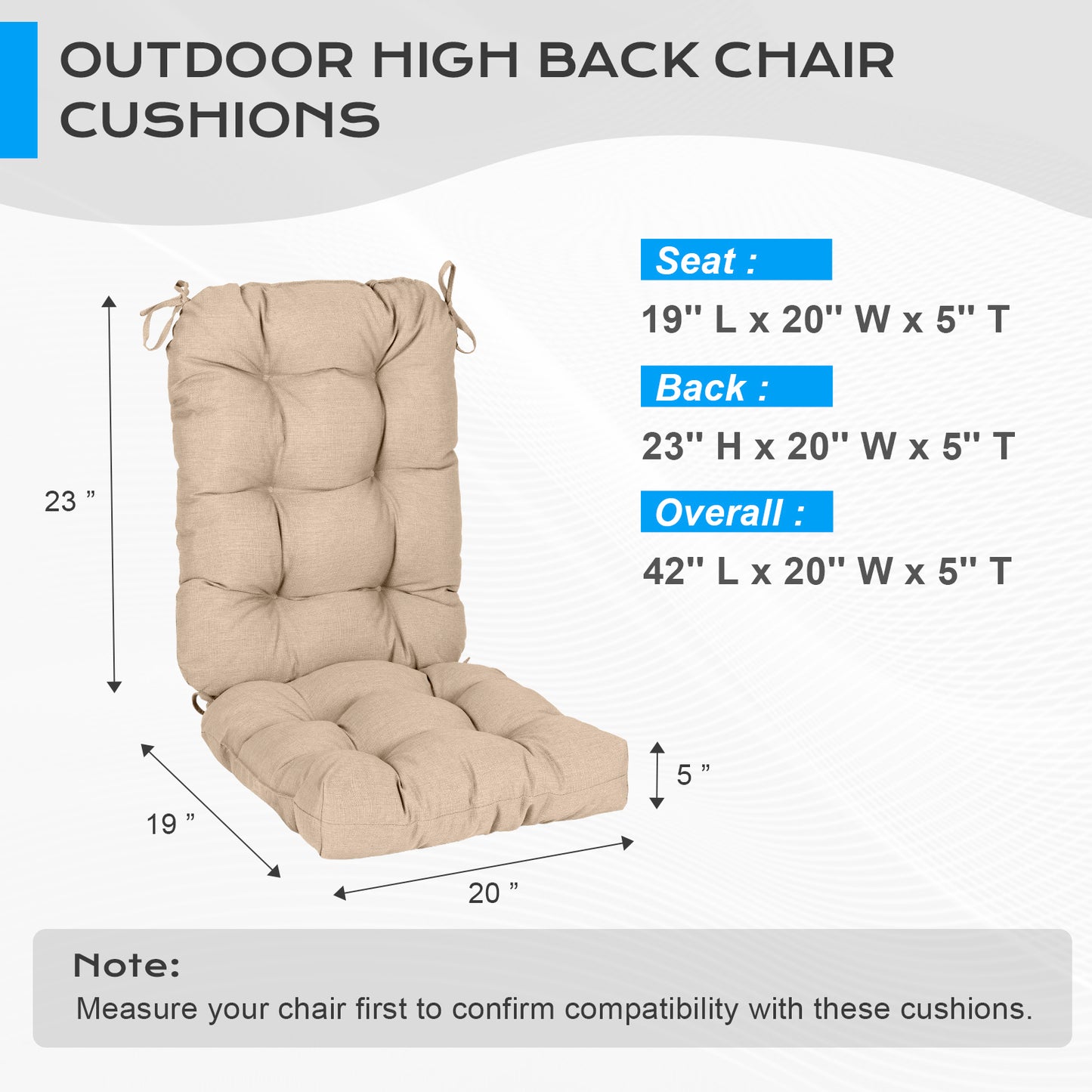 Tufted Outdoor High Back Chair Cushions Patio Replacement Cushion, Khaki