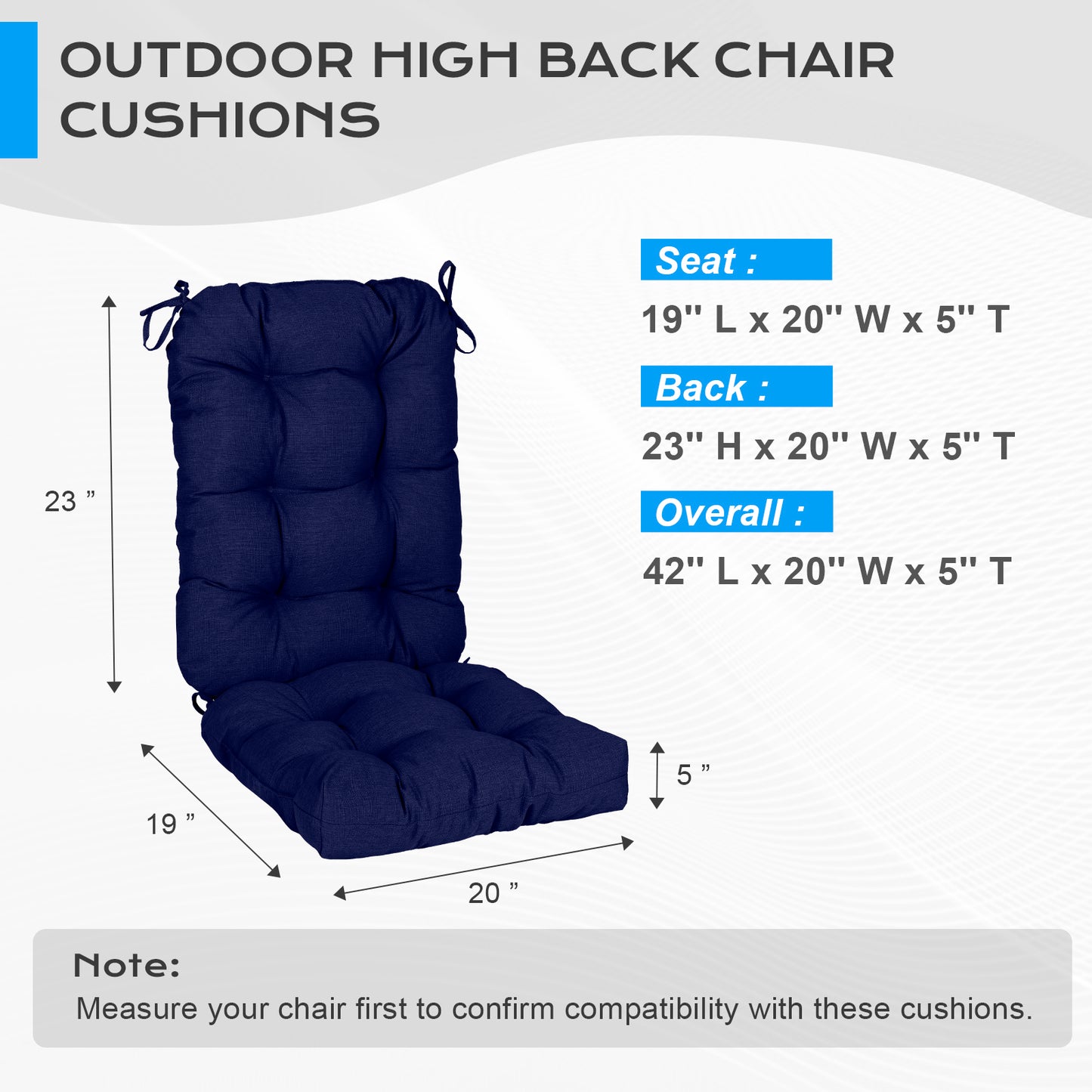 Tufted Outdoor High Back Chair Cushions Patio Replacement Cushion, Dark Blue