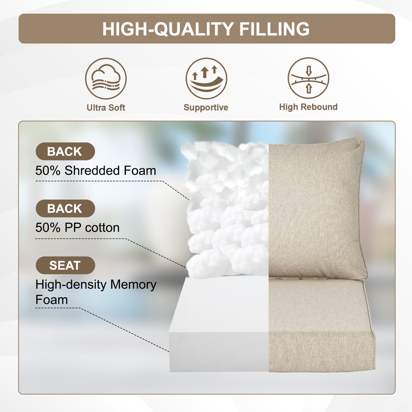 Waterproof Outdoor Deep Seat Cushion Set with Adjustable Straps & Removable Cover - Brown