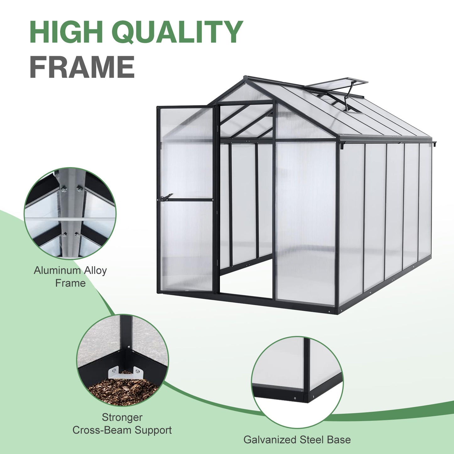 6x8/6x10 ft. Walk-in Polycarbonate Greenhouse with Roof Vent and Door lock
