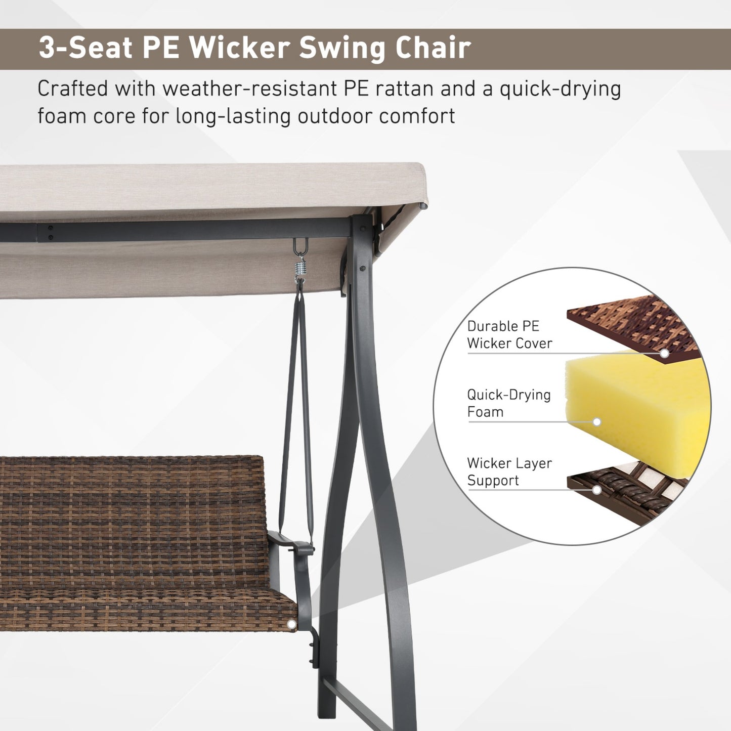 3-Seat Outdoor Rattan Patio Swing with Adjustable Canopy