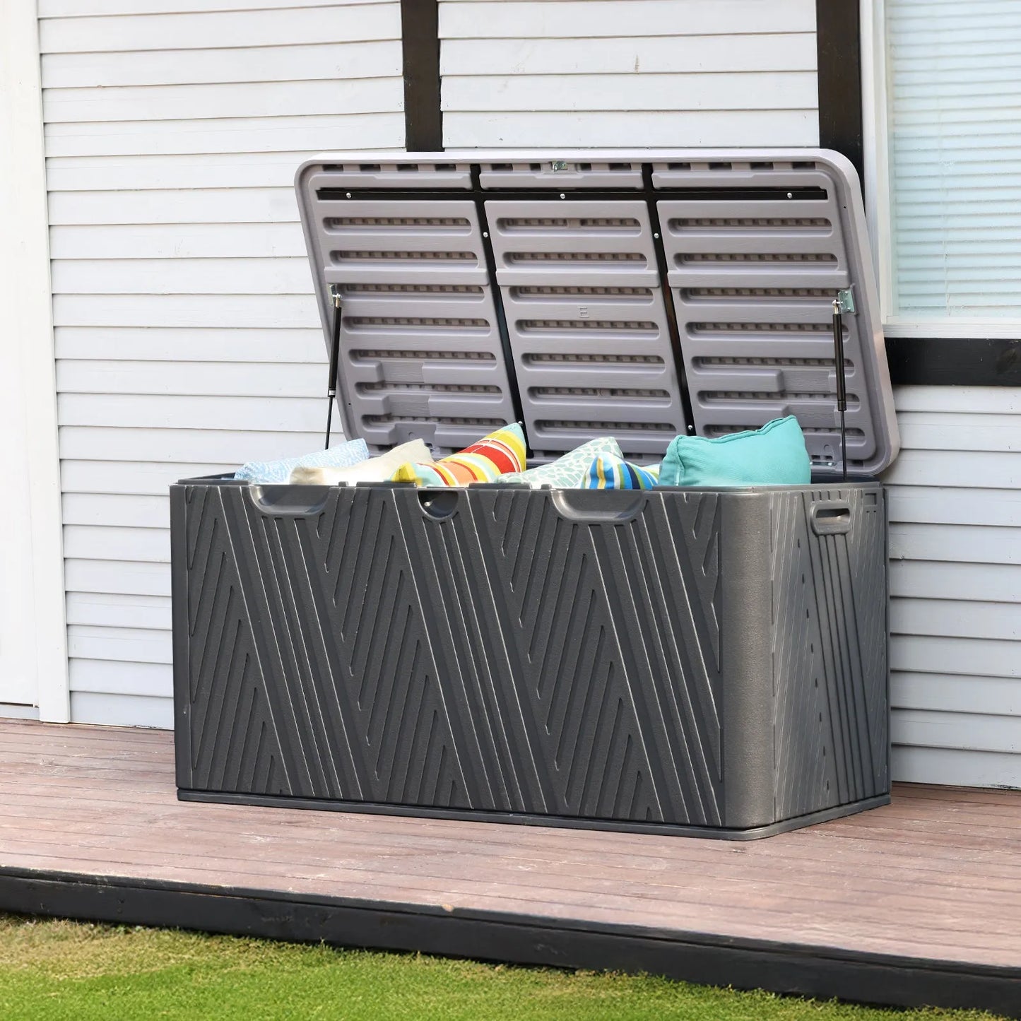 71 Gallon Deck Box, Lockable Storage UV Resistant Container with Hydraulic Rods for Patio Furniture Outdoor Cushions, Garden Tools and Sports Equipments,Aoodor(BLACK)