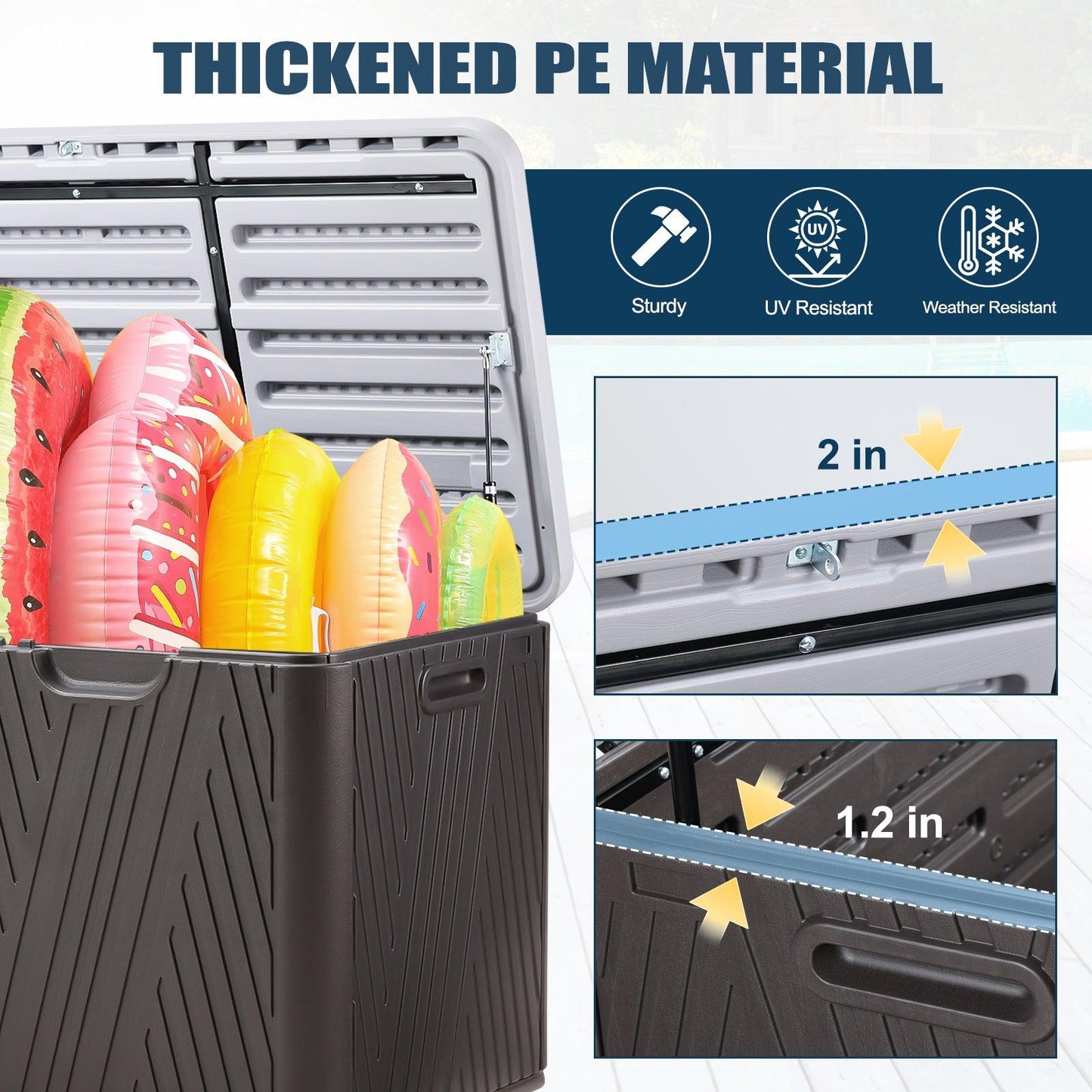 71 Gallon Deck Box, Lockable Storage UV Resistant Container with Hydraulic Rods for Patio Furniture Outdoor Cushions, Garden Tools and Sports Equipments,Aoodor(Brown)