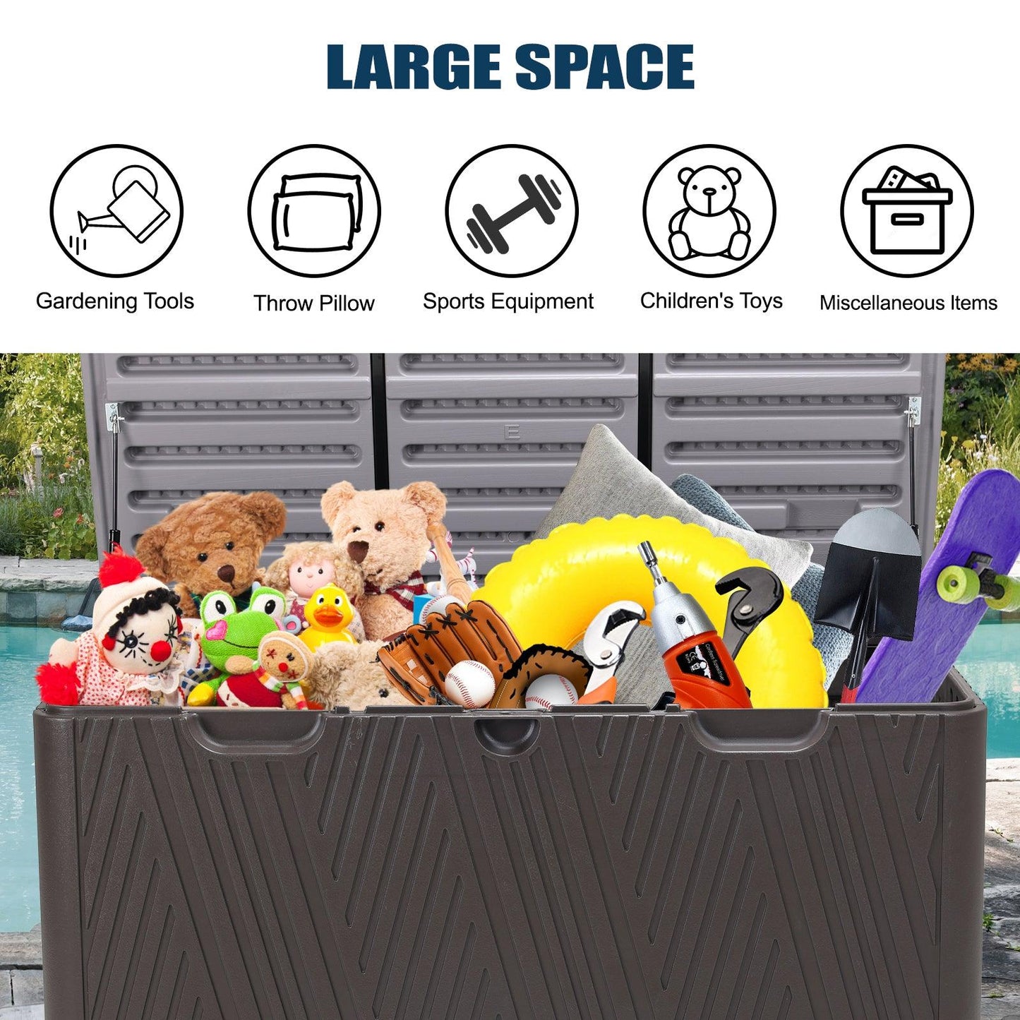 71 Gallon Deck Box, Lockable Storage UV Resistant Container with Hydraulic Rods for Patio Furniture Outdoor Cushions, Garden Tools and Sports Equipments,Aoodor(Brown)