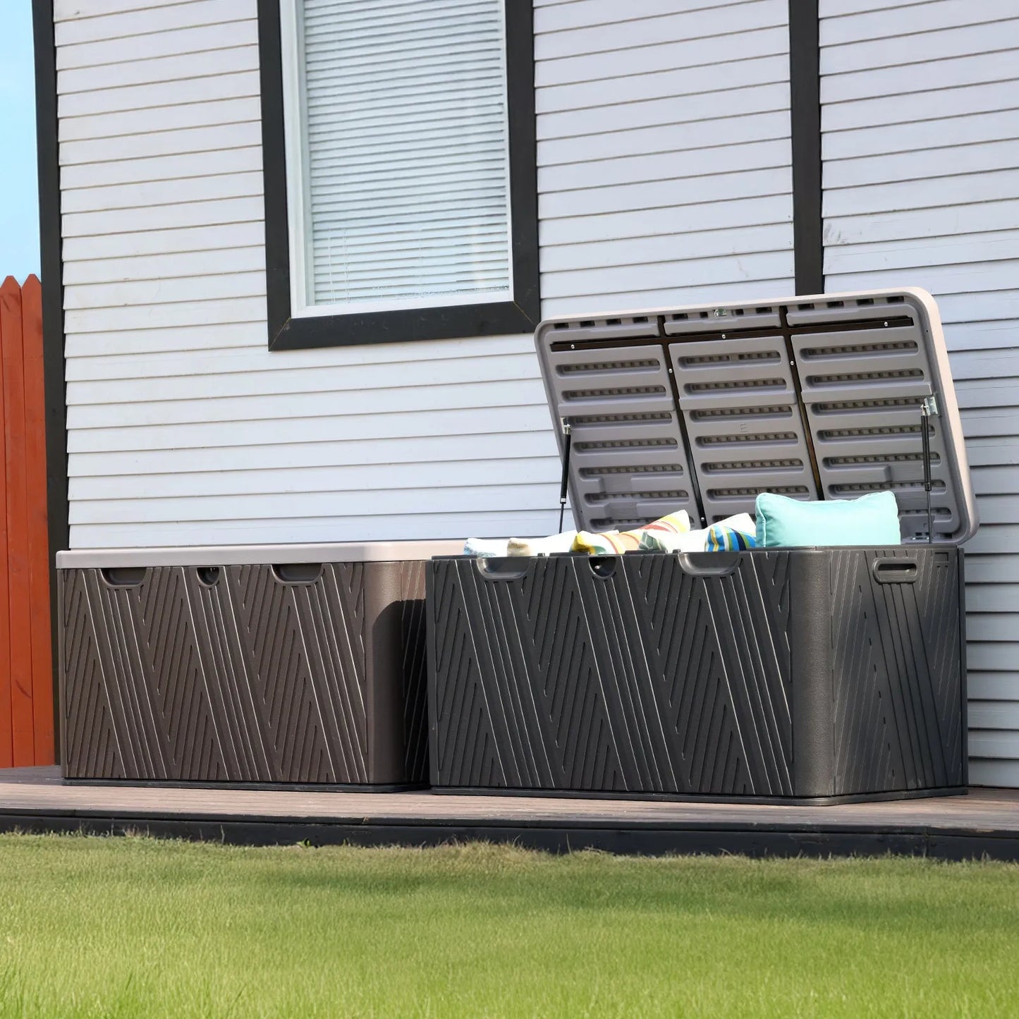 71 Gallon Deck Box, Lockable Storage UV Resistant Container with Hydraulic Rods for Patio Furniture Outdoor Cushions, Garden Tools and Sports Equipments,Aoodor