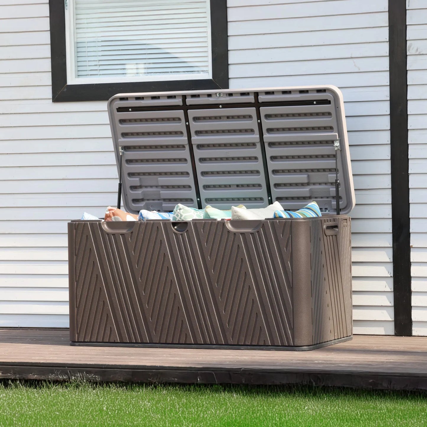 71 Gallon Deck Box, Lockable Storage UV Resistant Container with Hydraulic Rods for Patio Furniture Outdoor Cushions, Garden Tools and Sports Equipments,Aoodor(Brown)