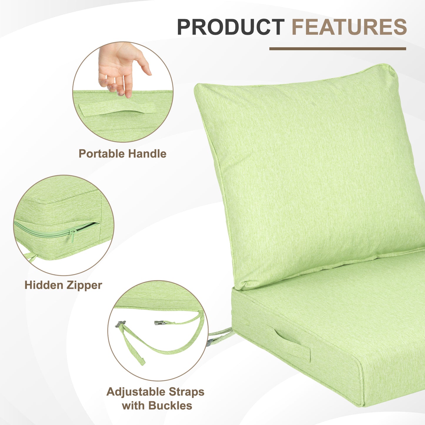 Waterproof Outdoor Deep Seat Cushion Set with Adjustable Straps & Removable Cover - Green