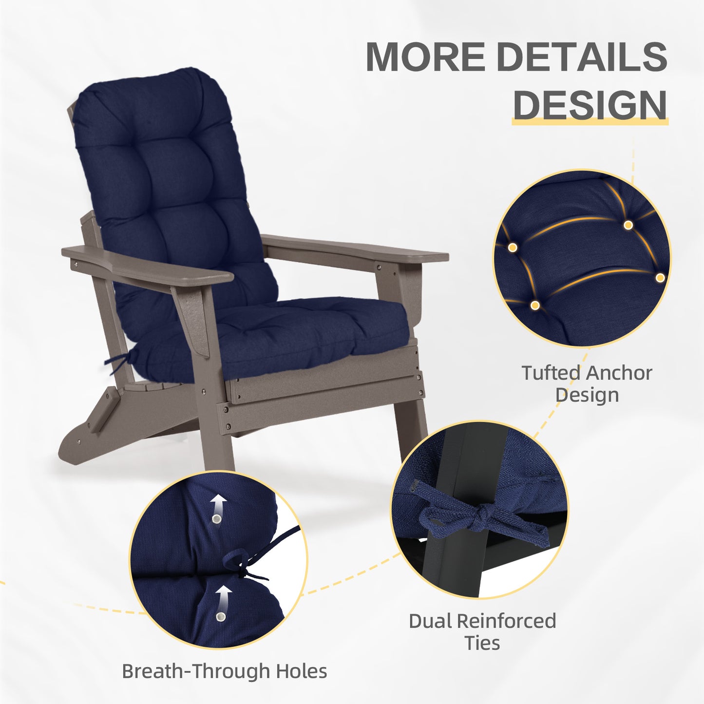 Outdoor High Back Tufted Adirondack Chair Cushion, Patio Rocking Chair Cushions with Ties, Set of 2, Dark Blue