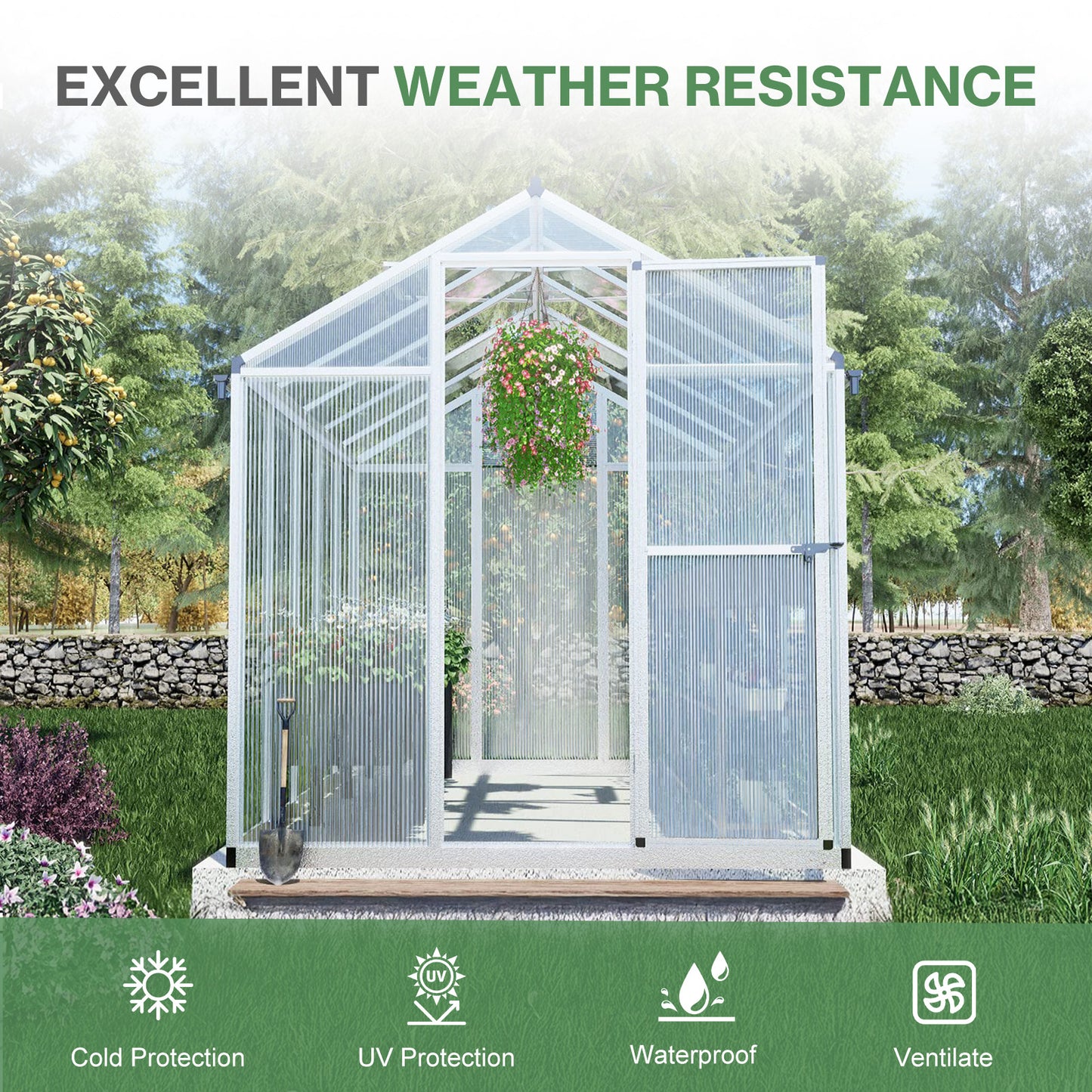 6x8/6x10 ft. Walk-in Polycarbonate Greenhouse with Roof Vent and Door lock