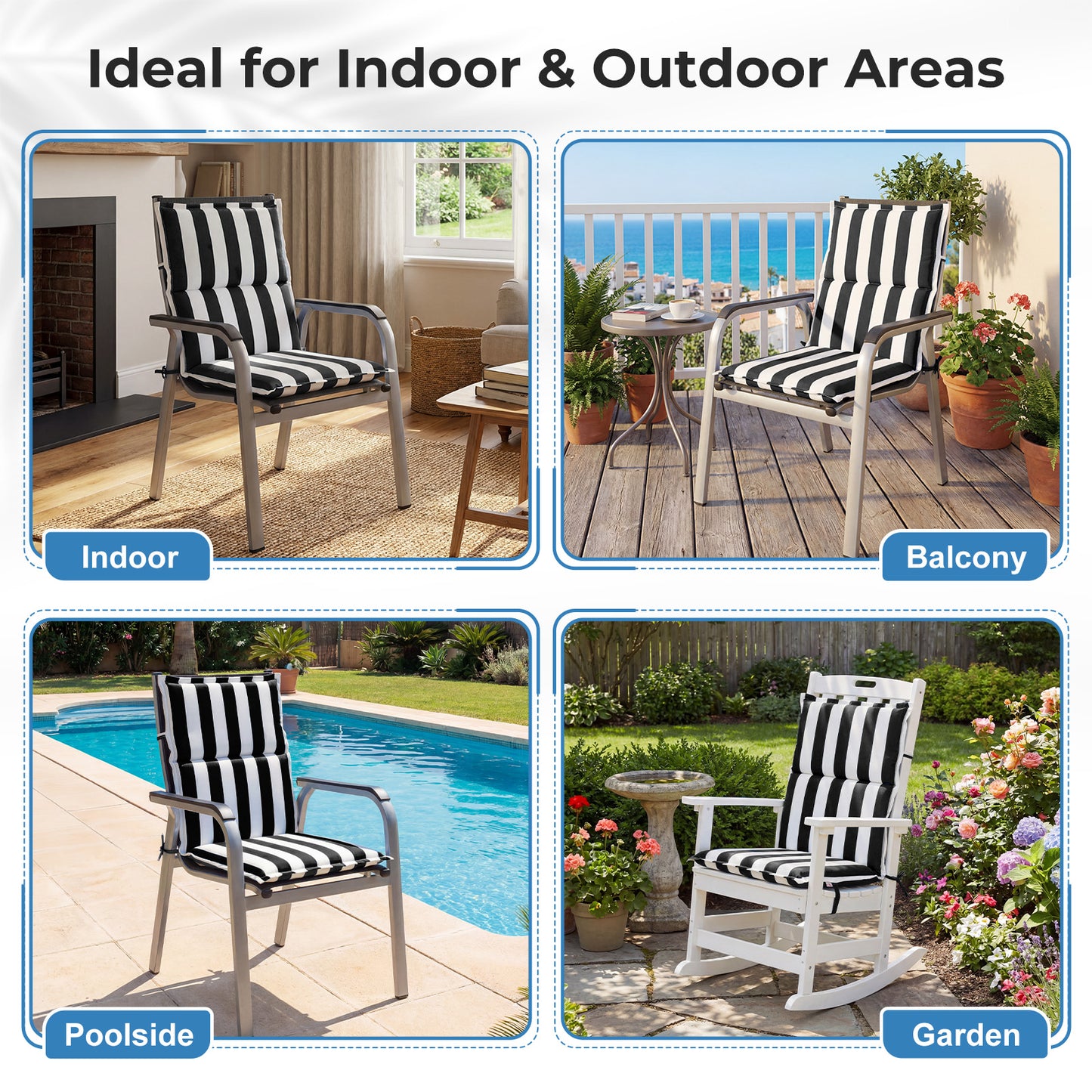 39x20x2.4 inch Outdoor Chair Cushions, Three-Section, Black Stripe