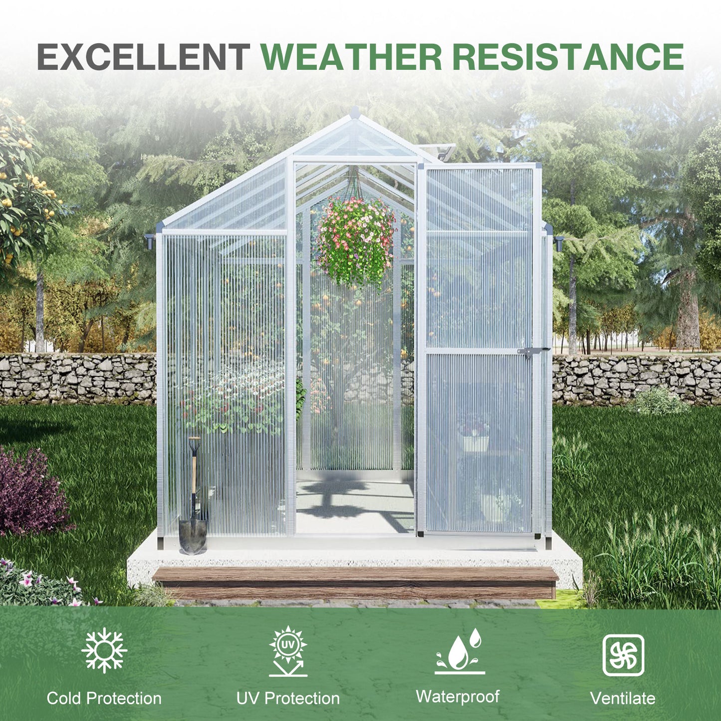 6x8/6x10 ft. Walk-in Polycarbonate Greenhouse with Roof Vent and Door lock