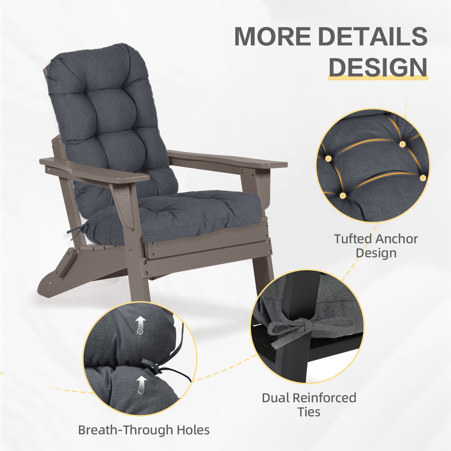 Outdoor High Back Tufted Adirondack Chair Cushion, Patio Rocking Chair Cushions with Ties, Set of 2, Dark Gray