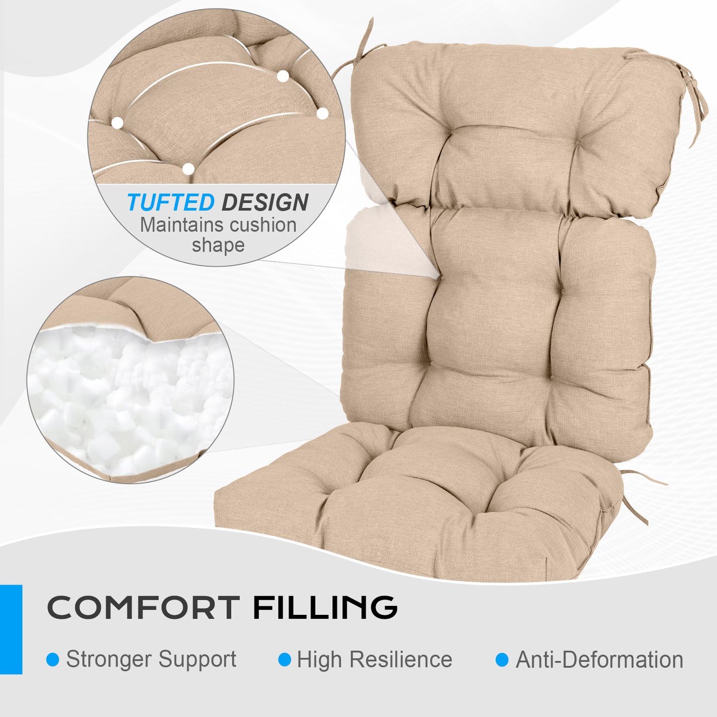 Tufted Outdoor High Back Chair Cushions Patio Rocking Pads for Furniture, Khaki