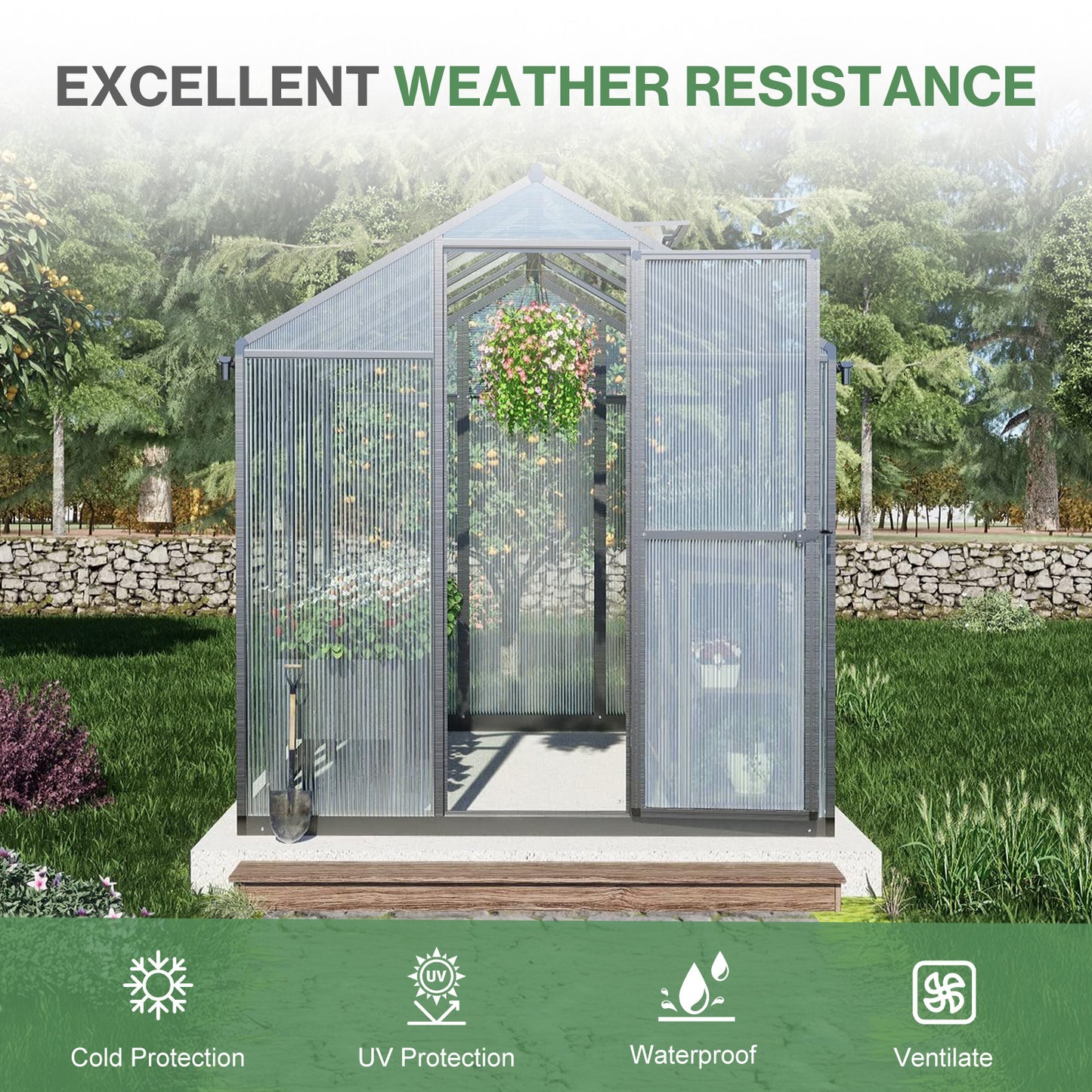 6x8/6x10 ft. Walk-in Polycarbonate Greenhouse with Roof Vent and Door lock