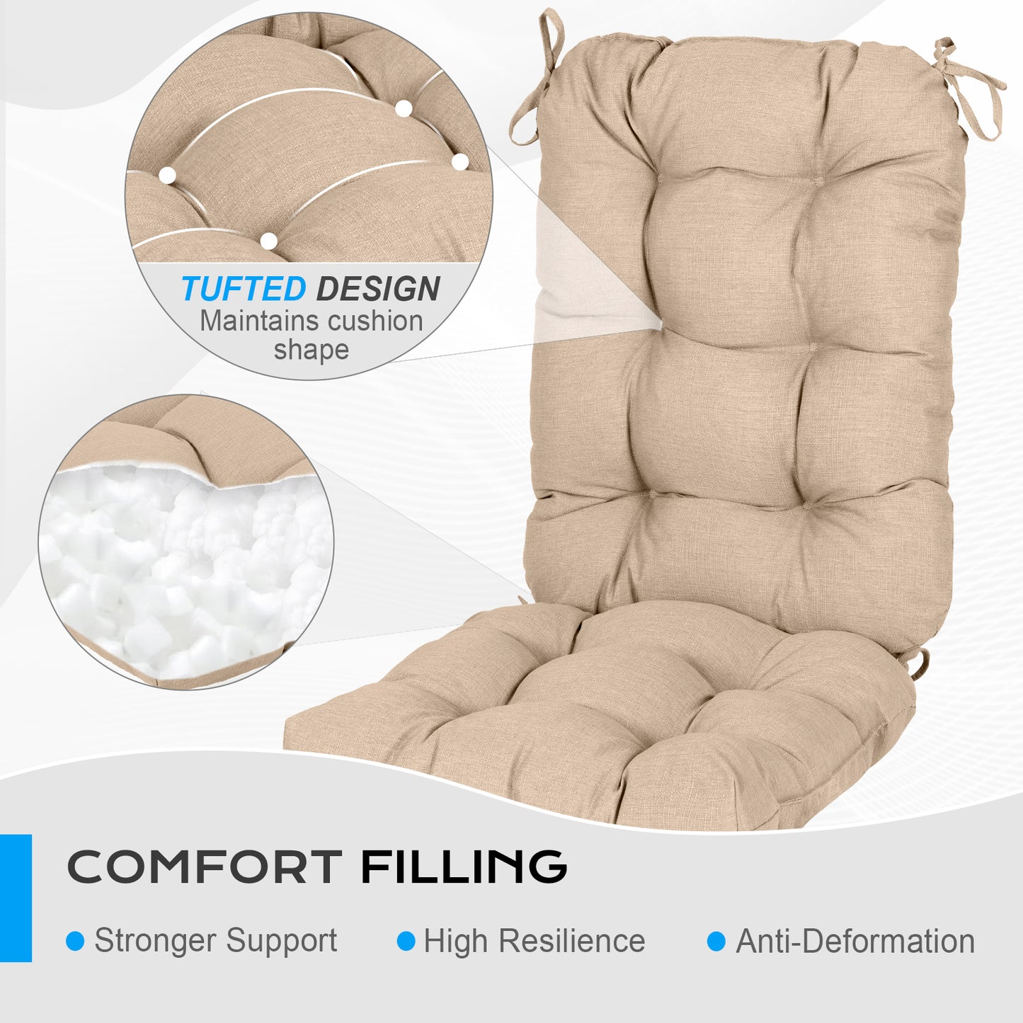 Tufted Outdoor High Back Chair Cushions Patio Replacement Cushion, Khaki
